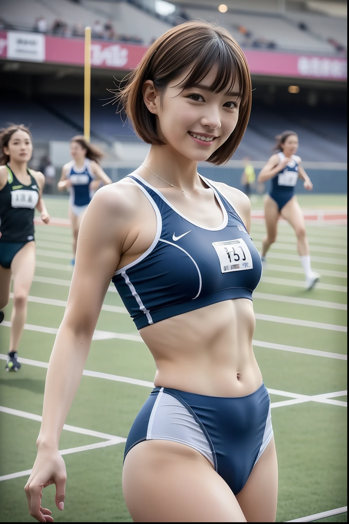 ((Track & Field Athletes Women))、(((1人)))、Competition uniforms、((stadium))、Transcendent cute、A slight smil、Beautiful breasts、full bodyesbian、athletic field、(((underpants)))、((Outstanding style))、((Healthy body))、((Short-cut hairstyles)) 、Women in Japan、Photorealsitic、Beautiful detailed eyes、Hyper-Realism、highcontrast、Ultra HD、realistic skin textures、Top image quality、top-quality、超A high resolution、Fine details、Very meticulously