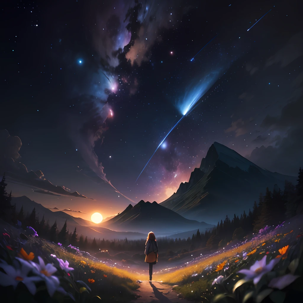 Expansive landscape photograph, (view from below with a view of the sky and the wilderness below),  girl standing in a flower field looking up, (full moon: 1.2), (shooting star: 0.9), (nebula: 1.3), distant mountain, tree break production art, (warm light source: 1.2), (firefly: 1.2), lamp, purple and orange, intricate detail, volume lighting BREAK (masterpiece: 1.2), (highest quality ), 4k, ultra-detailed, (dynamic configuration: 1.4), highly detailed and colorful details (iridescent: 1.2), (sparkling lighting, atmospheric lighting), dreamy, magical, (solo: 1.2)