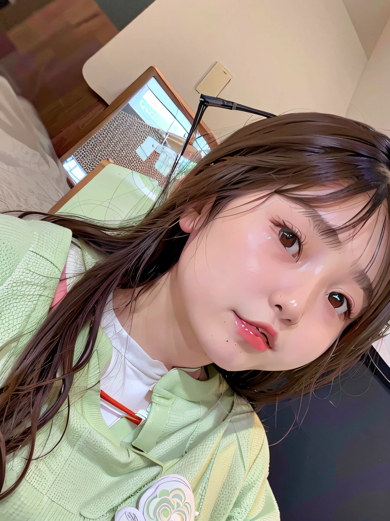 alafed asian woman,Long hair and green and white shirt, dang my linh, xintong chen, 19-year-old girl, sakimichan, girl cute-fine face, young cute wan asian face, Yoshitomo Nara, Ruan cute vtuber,