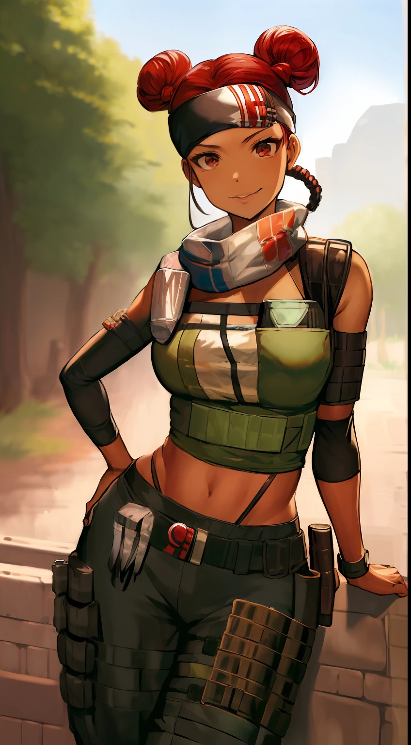 (masutepiece:1.4), (Best Quality:1.2), lifeline \(Apex Legends\), 1girl in, dark skinned female, darkskinned, croptop, Detached sleeves, head band, Pants, Hair bun, Mask around the neck, Red hair, full bodyesbian,look at viewer