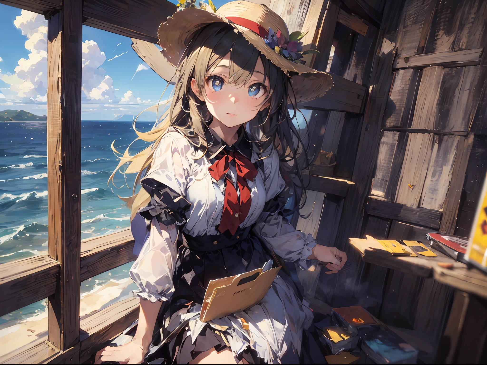 a girl, sitting on, Side Shot, (deserted:1.3), (masterspiece, beste Quality, Near and far law, Depth-of-field:1.5), the clouds, seas, beautifull face, thights, from below view, 8K, Raw foto, absurdist, impressionists, (Tom Thomson, Claude Monet, Joaquin Sorolla, James Wilson Morris, Jon Fabian Aluson, Hugh Henry Breckenridge:0.8), NSFX, photorealestic, film grains, Color Aberration, alta resolução, Ultra detailded, finelydetail, dynamic lighting, Dramatic lighting、shadowy、Sharp focus、Very detailed eyes and face、Sharp pupils、Realistic pupils