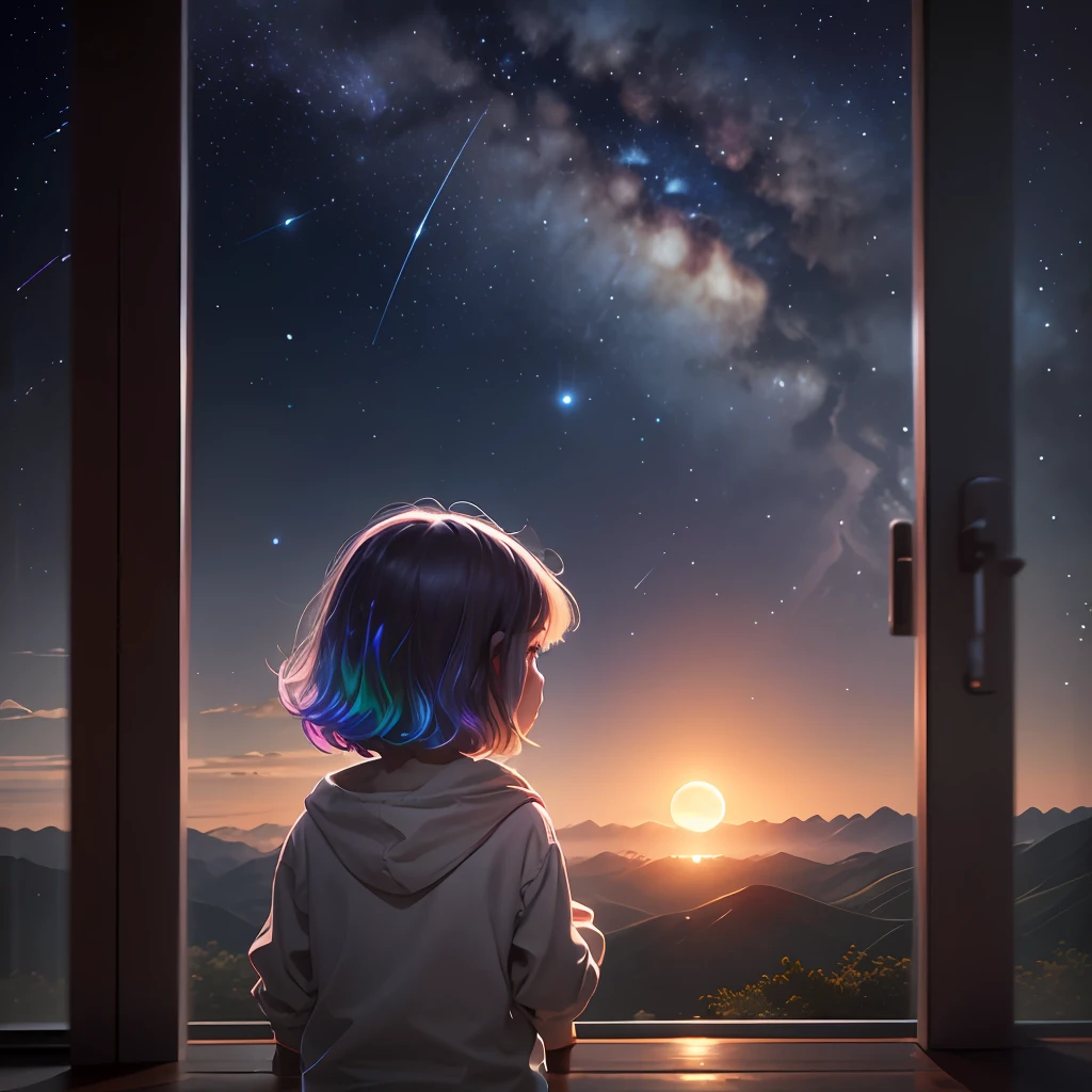 Expansive landscape photograph, (view from below with a view of the sky and the wilderness below), little girl standing in a flower field looking up, (full moon: 1.2), (shooting star: 0.9), (nebula: 1.3), distant mountain, tree break production art, (warm light source: 1.2), (firefly: 1.2), lamp, purple and orange, intricate detail, volume lighting BREAK (masterpiece: 1.2), (highest quality ), 4k, ultra-detailed, (dynamic configuration: 1.4), highly detailed and colorful details (iridescent: 1.2), (sparkling lighting, atmospheric lighting), dreamy, magical, (solo: 1.2)
