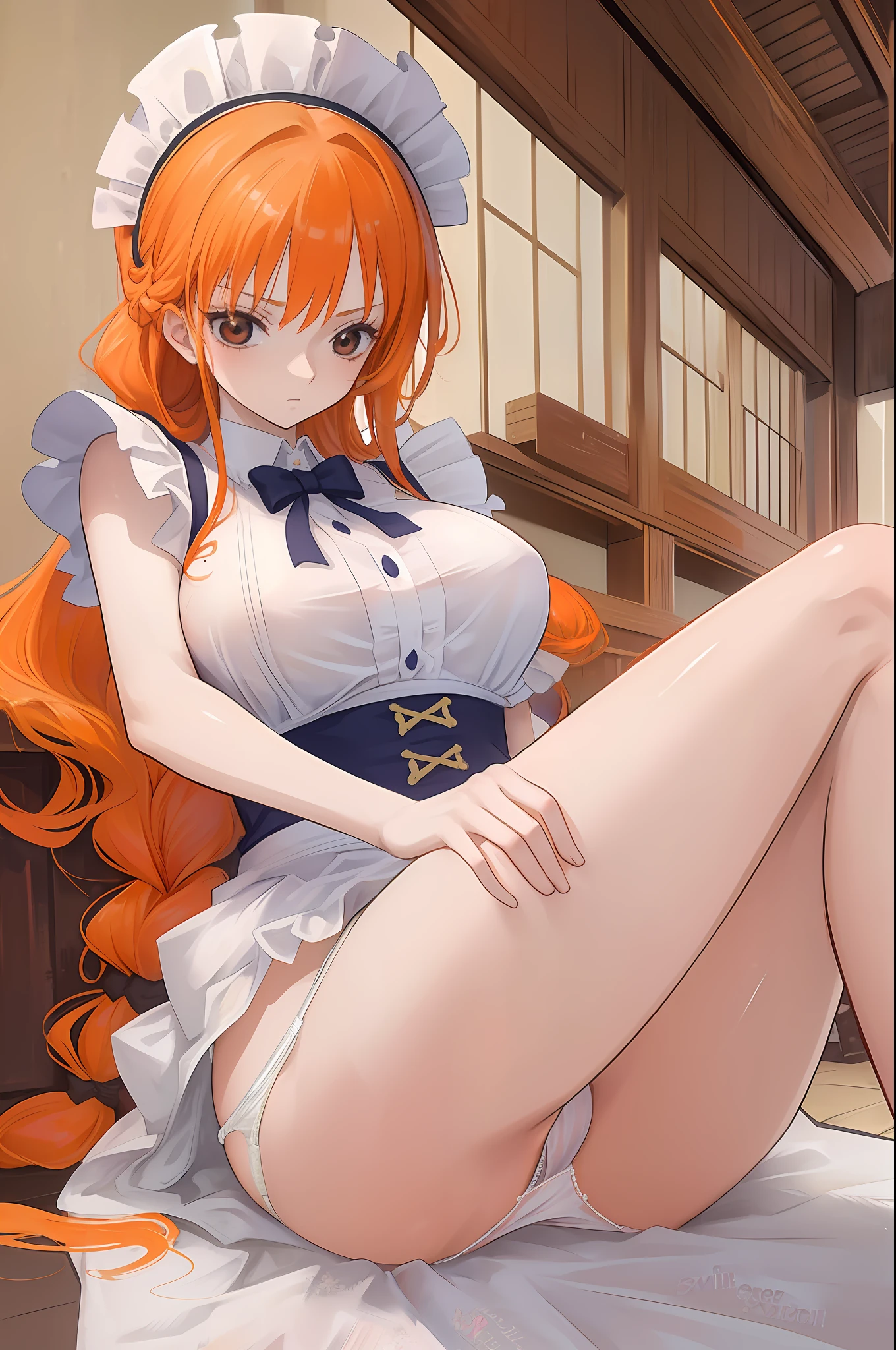 (exceptional, best aesthetic, new, newest, best quality, masterpiece, extremely detailed, anime, waifu:1.2), long hair,single braid, wet hair, orange hair, brown eyes,colorful, wink, maid, (white panty:1.2) ,perspective,knees up ,undressing panties,
