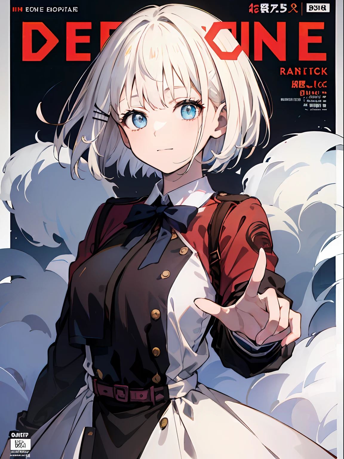 detectivesiesta, Smile, Short hair, Bangs, Blue eyes, Shirt, Hair Ornament, Long sleeves, Dress, Bow, White hair, hair clips, Blunt bangs, bowtie, Red bow, X Hair Ornament, red bowtie, siesta, (medium breasts⁩:1.2), BREAK looking at viewer, BREAK outside, BREAK (masutepiece:1.2), Best Quality, High resolution, Unity 8k壁纸, (Illustration:0.8), (Beautiful detailed eyes:1.6), extra detailed face, Perfect Lighting, extremely details CG, (Perfect hands, Perfect Anatomy),((((Dramatic)))、(((gritty)))、(((vehement)))Movie poster featuring a young woman as the main character。She stands confidently in the center of the poster.、Wear stylish and edgy outfits、I have a determined look on my face。The background is dark and rough、Makes you feel danger and strength。Text is bold and attention-grabbing、Has a catchy tagline that adds to the overall sense of drama and excitement。The color palette is predominantly bright、There are splashes of bright colors、It gives the poster a dynamic and visually striking look。 (magazine:1.3), (cover-style:1.3), Fashionable, femele, with a vibrant, outfits, the pose, the front, Colorful, Dynamic, Background with, element, I'm confident, expresive, ngel, statement, accessorized, An majestic, coiled, surroundings, Touch, The scene, Texto, covers, It's bold, captures the attention, Titles, Stylish, Font, Catchy, headline, The large, Impressive, moderno, Trendy, Focus, lo fashion,shorth hair、Bob Hair、White hair、bright light blue eyes