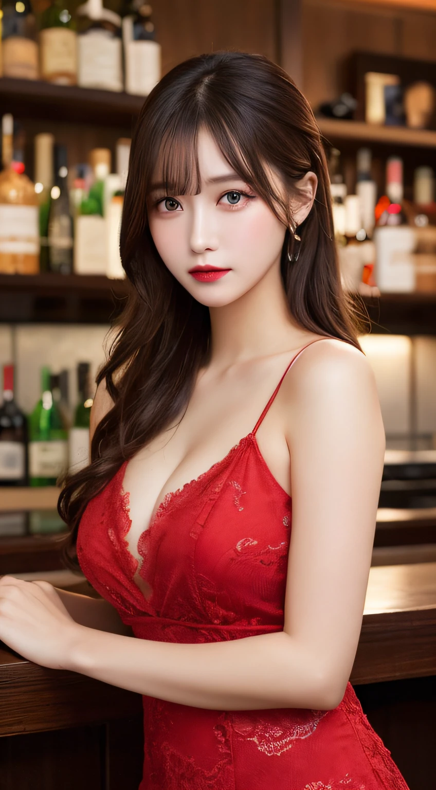 masterpiece, best quality, illustration, ultra-detailed, finely detail, highres, 8k wallpaper, perfect dynamic composition, beautiful detailed eyes, she is Hostesses, natural lip color, red gorgeous dress , half-up, full body, in hostess bar, sexy face