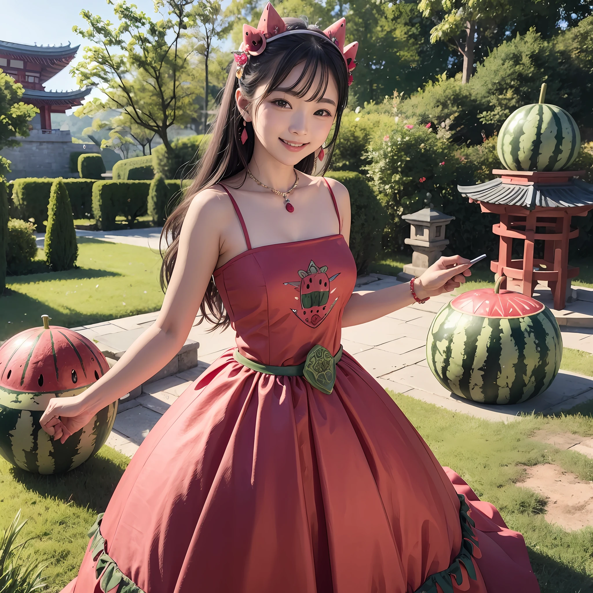 masterpiece、top-quality、realisitic、Photorealsitic、Watermelon-themed kingdom、Watermelon-themed castle、Princess in watermelon-themed dress、A Japanese Lady、Watermelon Accessories、Watermelon Jewelry、Surrounded by a lot of watermelons、Soldier in armor with watermelon motif、Bright décor、A smile、dynamic ungle、动态照明