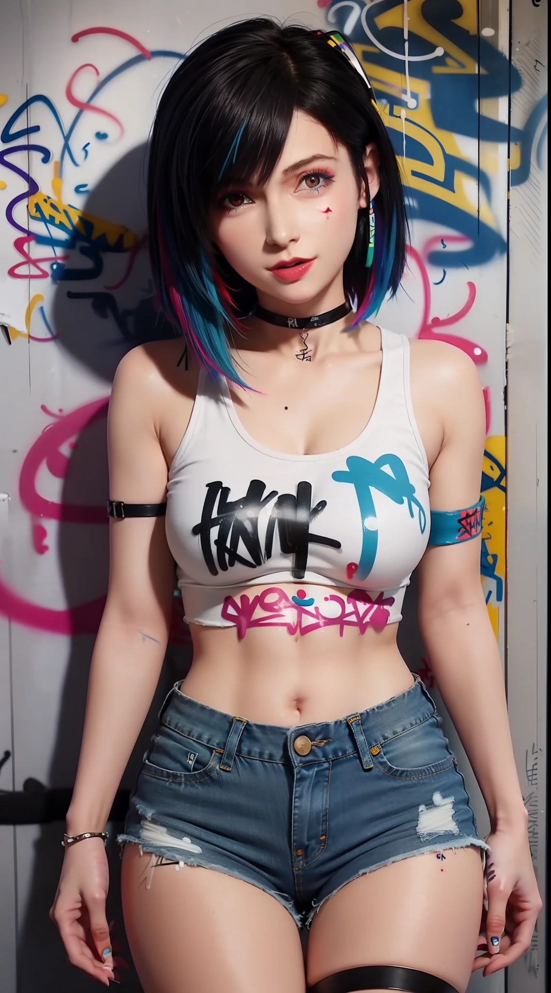 masterpiece, best quality, 1girl, solo, crop top, denim shorts, choker, (graffiti:1.5), paint splatter, arms behind back, against wall, looking at viewer, armband, thigh strap, paint on body, head tilt, bored, multicolored hair, aqua eyes, headset,