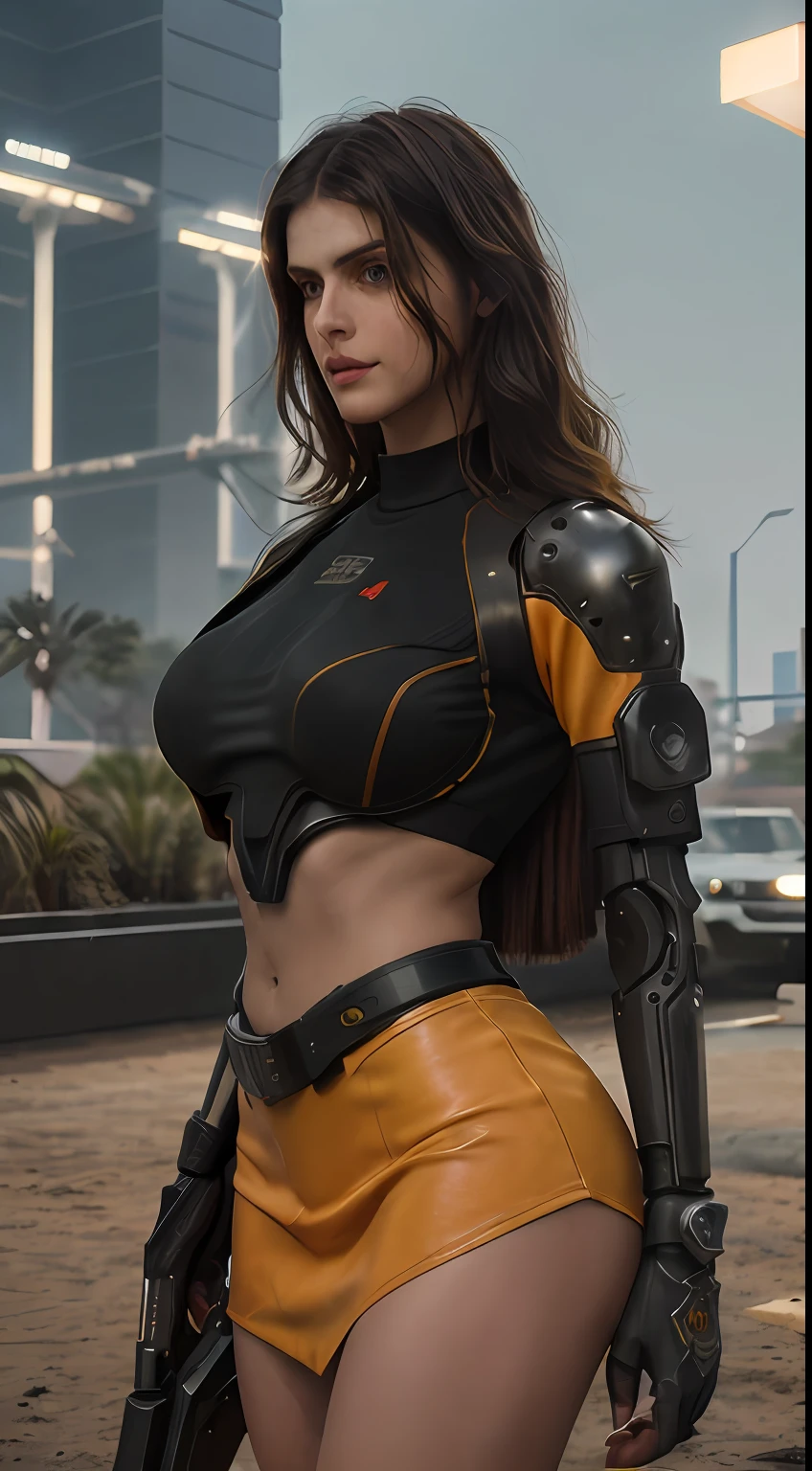 8k, ARTISTIC photography, best quality, masterpiece: 1.2), RAW photo, a (potrait:1.2) RAW, Ultra High Resolution, cybernetic biochemical cyberpunk 1girl, (((Alexandra Daddario ))), looking at viewer, orange, (Balmain leather dress :1. 8), ( Yellow clothes) (skinny, medium perky breasts, abs, toned:1. 5) , fine details, pretty face, (mechanical parts:1. 5) smoke, complex, neotokyo, synthwave, aesthetics, ((standing outside A FUTURISTIC park )), stunning modern urban upscale environment, ultra realistic, concept art, elegant, highly detailed, intricate, sharp focus, depth of field, f/1. 8, 85mm, medium shot, mid shot, (centered image composition), (professionally color graded), ((bright soft diffused light)), volumetric fog, trending on instagram, trending on tumblr, hdr 4k, 8k