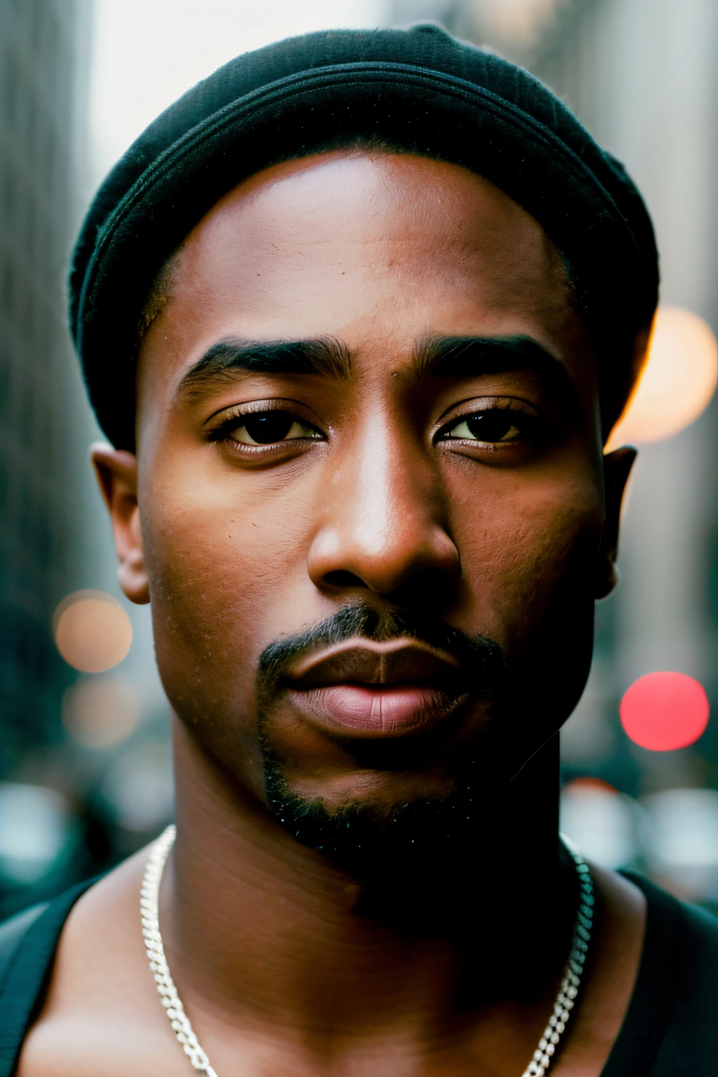 masterpiece, tupac in street of new york, (high detail:1 1), natural skin, high quality, nsfw, beautiful eyes, (detailed face and eyes), (face: 1 2), noise, extra, real photo, PSD, lamp film photography, sharp focus, contrast lighting, detailed skin, high resolution 8k, realistic, professional photography, 8k UHD, SLR camera, soft lighting, high quality, film grain, Fujifilm XT3
