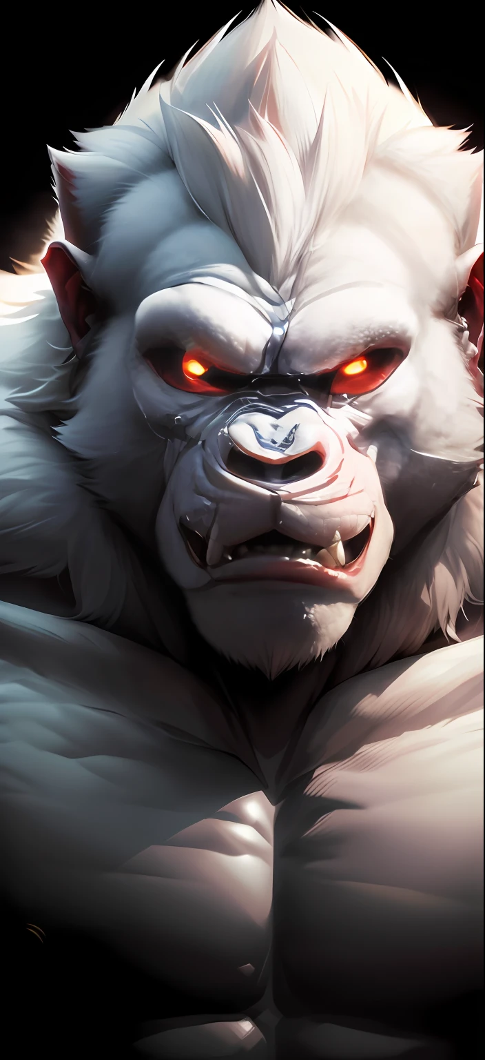 The white ape opened its mouth,Sharp teeth on dark background, White Ape_beast,,Ape many, fierce expression 4k, Colored ape, ferocious appearance, ,White ape head, strong and ferocious,White apes are aggressive, highly detailed and hypnotic