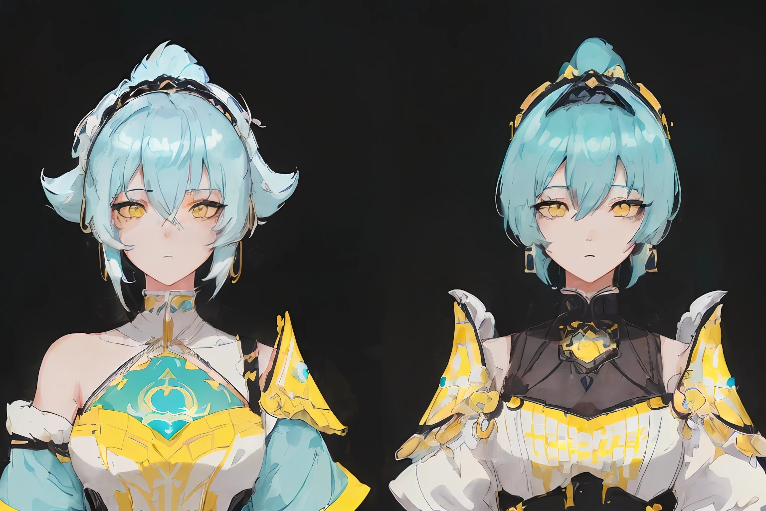 GenshinAvatar, (a woman with poofy short cyan hair and yellow eyes:1.4), highly_detailed, illustration, portrait, (((masterpiece))),(((bestquality))), (black_background:1.4), simple_background, highly intricate accessories, highly intricate clothes, white dress, gold trim, Lightblue hair, bright color, earrings, armor, shoulder armor, hairband, fear expression