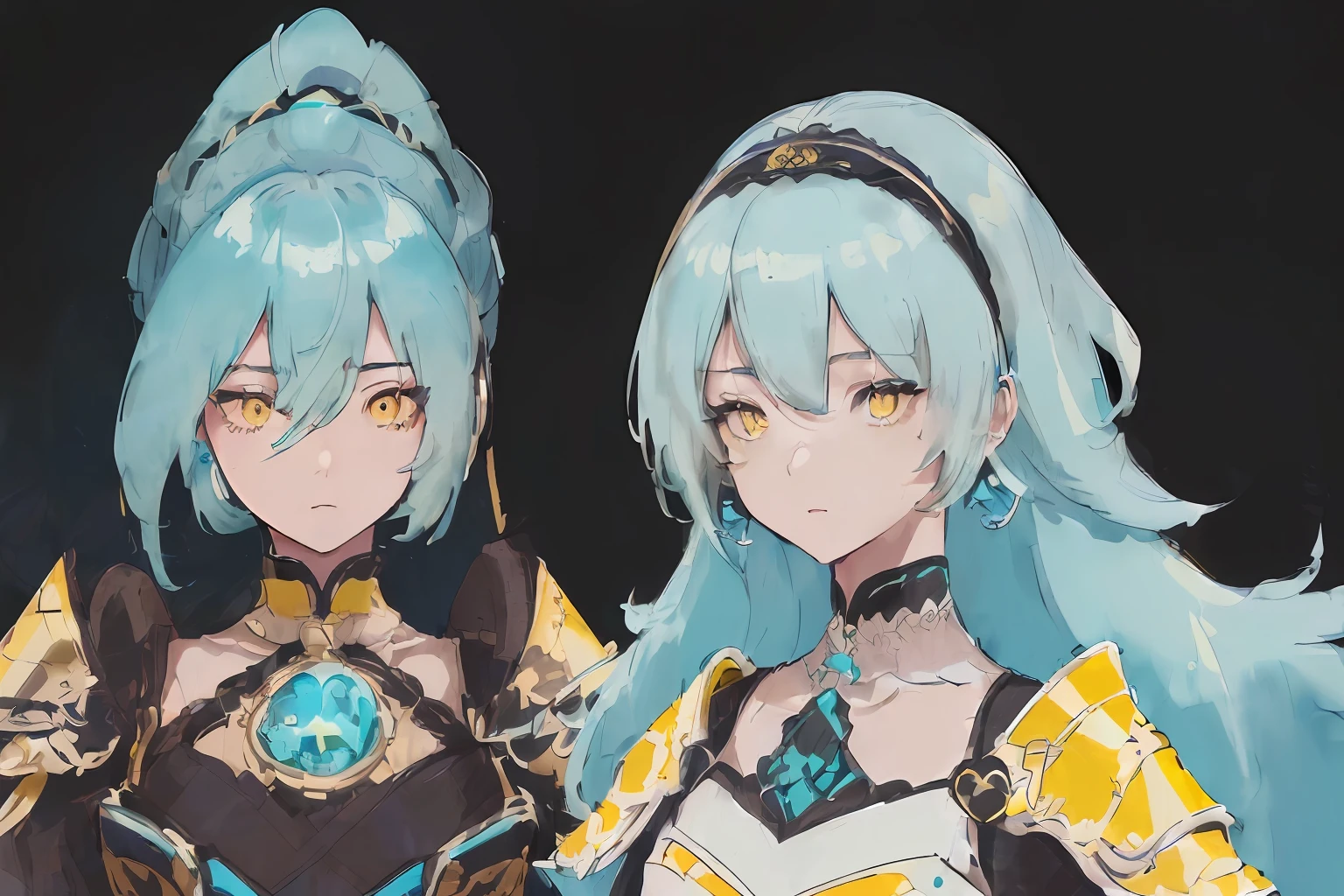 GenshinAvatar, (a woman with poofy short cyan hair and yellow eyes:1.4), highly_detailed, illustration, portrait, (((masterpiece))),(((bestquality))), (black_background:1.4), simple_background, highly intricate accessories, highly intricate clothes, white dress, gold trim, Lightblue hair, bright color, earrings, armor, shoulder armor, hairband, fear expression