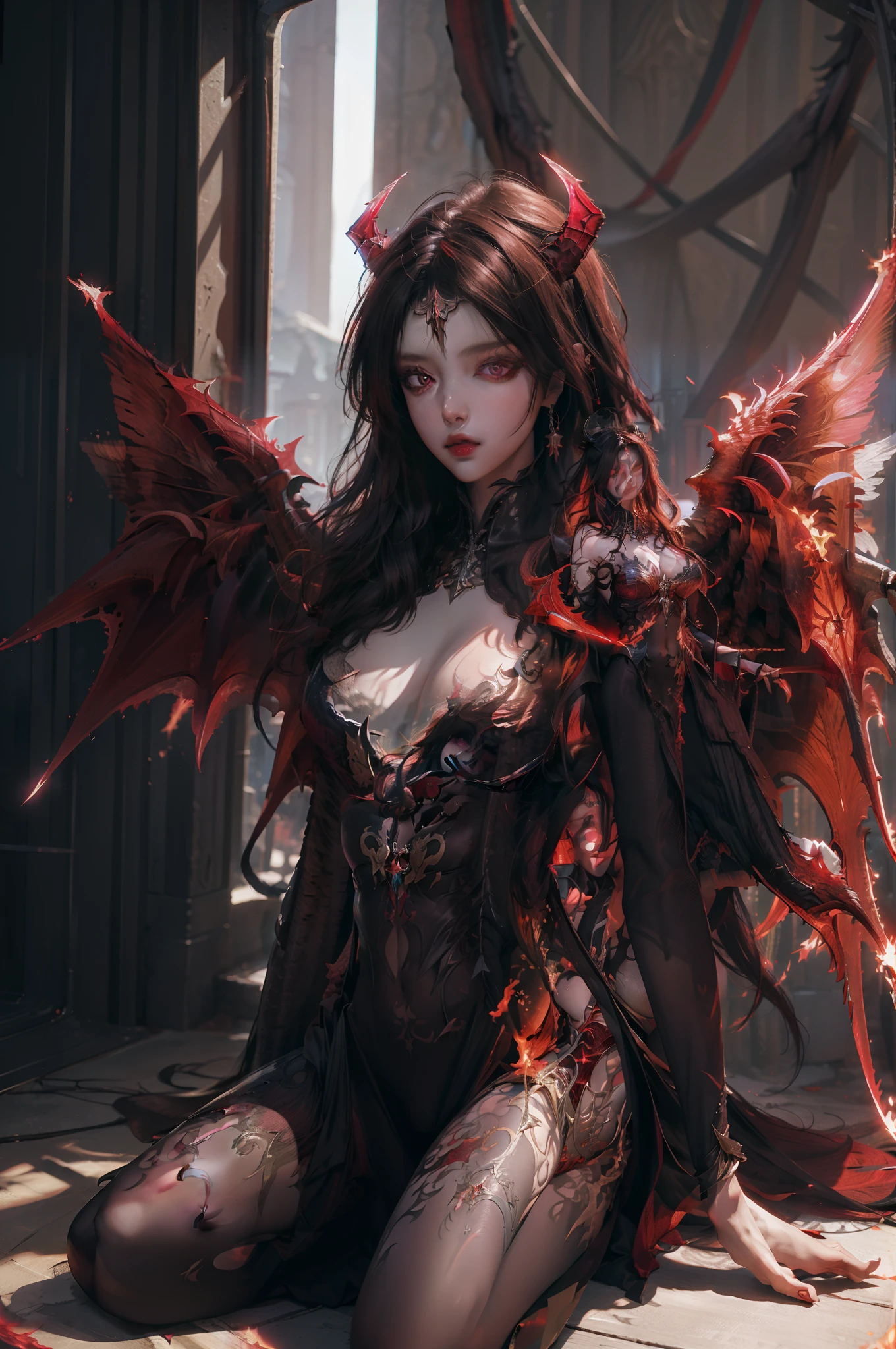 (extremely detailed CG unity 8k wallpaper,masterpiece, best quality, ultra-detailed, beautiful detailed eyes:1.2),best illumination, (best shadow, an extremely delicate and beautiful, bloom),
1gril,solo,red eyes sexy armor,long hair,holding sword,Angel wings,black wings,red jewelry,(big wings:1.4),Film filter,Satan, Hellfire,full body,demon,flame,
sexy, body suit, black aura around she, lustful face, fishnet