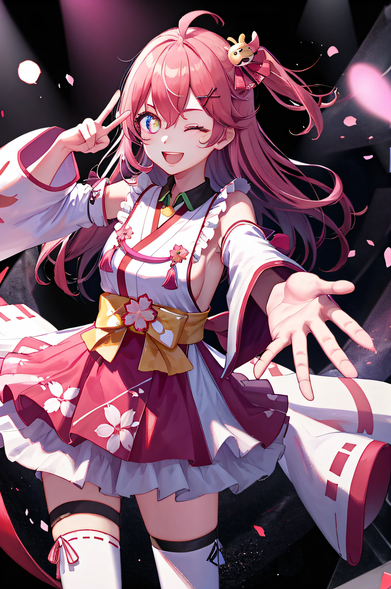 ​masterpiece, top-quality, Hi-Res, miko1, Sakura Miko, 1girl in,star-shaped pupils, verd s eyes, 独奏, Ahoge, X Hair Ornament, A pink-haired, Single thigh, floral-print, hair clips, sideboob barbosa, hair bell, with floral pattern, length hair, hair between eye, One side up, white thighhig, Asymmetrical legwear, Wide sleeves, bustup, On stage, Smile, Right hand pointing at the camera, one eye closed, Hold the microphone with your left hand
