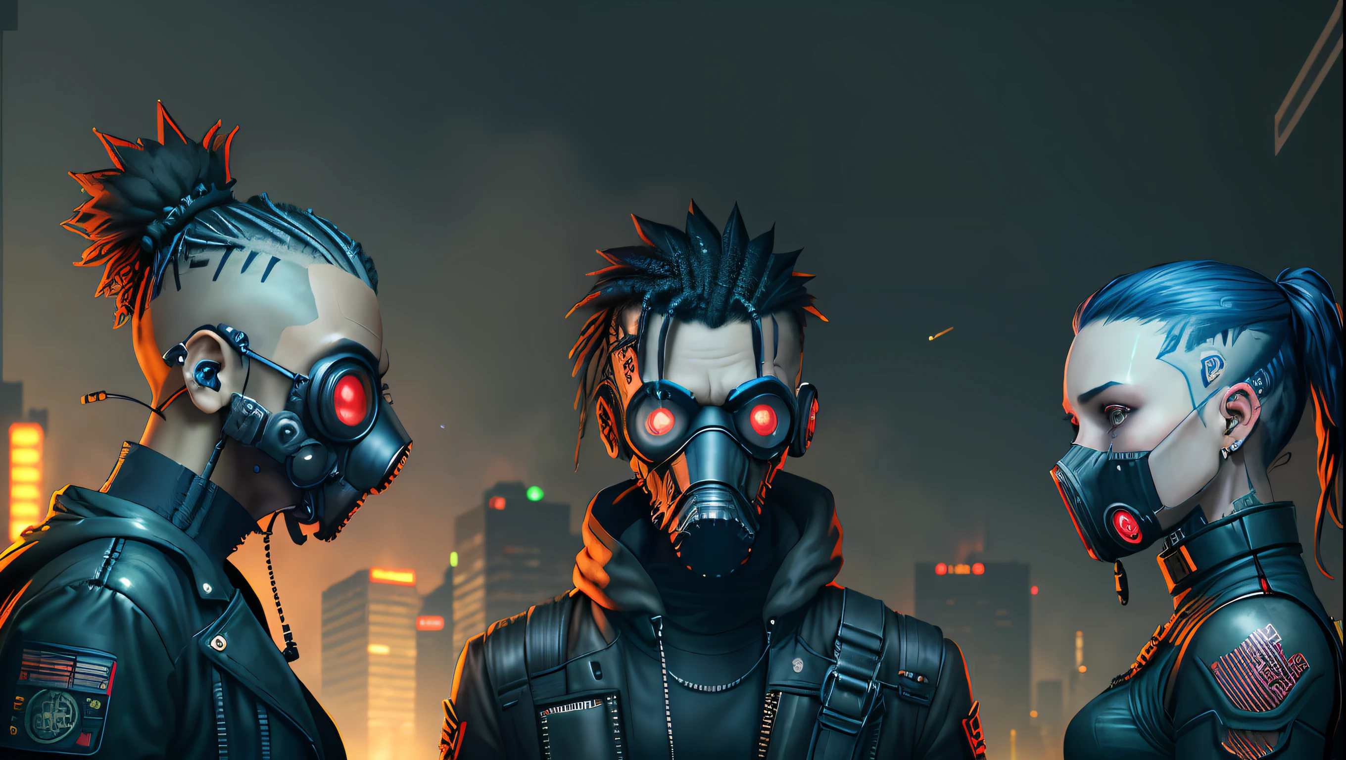 three men in gas masks stand in a dark city, cyberpunk horror style, cyberpunk dark fantasy art, cyberpunk techwear, cyberpunk imperial military, post - apocalyptic warriors, advanced digital cyberpunk art, soviet style cyberpunk, muted cyberpunk style, dark cyberpunk illustration, cyberpunk art style, cyberpunk soldier, fantasy cyberpunk horror, cyberpunk))), detailed cyberpunk illustration, cyberpunk dark fantasy, cyberpunk digital art