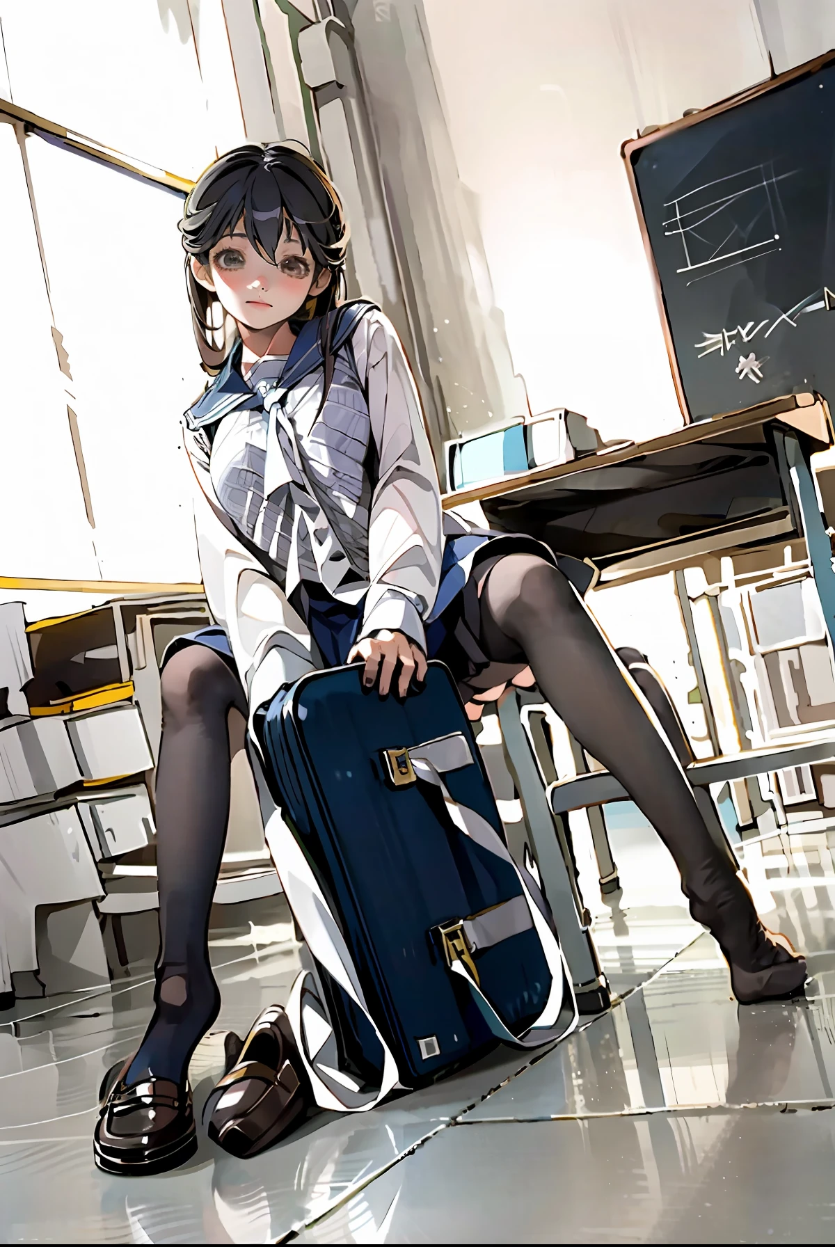 There was a woman sitting on a chair with a suitcase, Surrealism female students, Surrealism female students, Realistic schoolgirl, cyber school girl, Female Student, cute female student, dressed as schoolgirl, dollfie dream, 2 b, 2b, kotegawa yui, the anime girl is crouching, Beautiful Anime High School Girls, Also