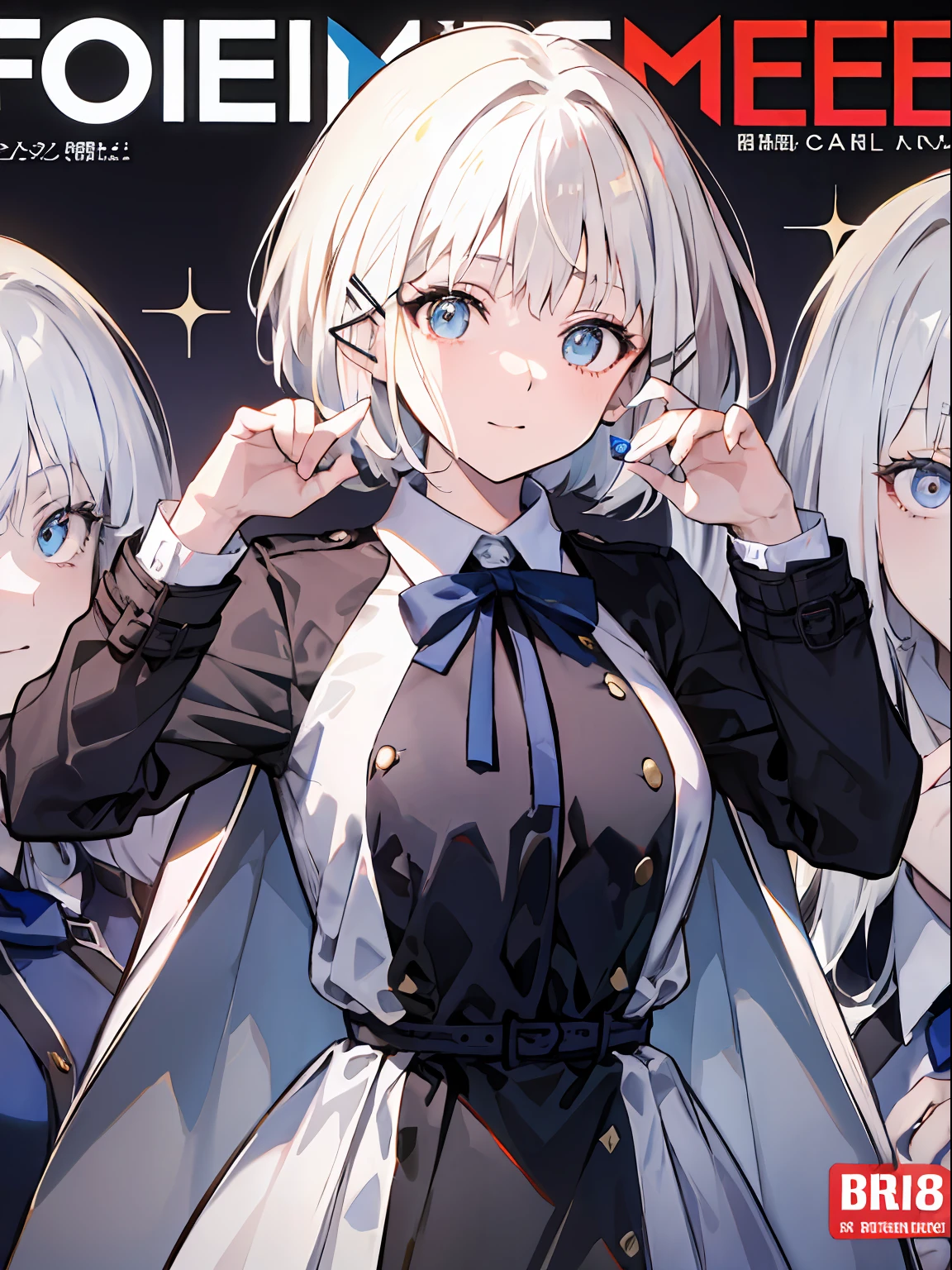 detectivesiesta, Smile, Short hair, Bangs, Blue eyes, Shirt, Hair Ornament, Long sleeves, Dress, Bow, White hair, hair clips, Blunt bangs, bowtie, Red bow, X Hair Ornament, red bowtie, siesta, (medium breasts:1.2), BREAK looking at viewer, BREAK outside, BREAK (masutepiece:1.2), Best Quality, High resolution, Unity 8k壁纸, (Illustration:0.8), (Beautiful detailed eyes:1.6), extra detailed face, Perfect Lighting, extremely details CG, (Perfect hands, Perfect Anatomy),((((Dramatic)))、(((gritty)))、(((vehement)))Movie poster featuring a young woman as the main character。She stands confidently in the center of the poster.、Wear stylish and edgy outfits、I have a determined look on my face。The background is dark and rough、Makes you feel danger and strength。Text is bold and attention-grabbing、Has a catchy tagline that adds to the overall sense of drama and excitement。The color palette is predominantly bright、There are splashes of bright colors、It gives the poster a dynamic and visually striking look。 (magazine:1.3), (cover-style:1.3), Fashionable, femele, with a vibrant, outfits, the pose, the front, Colorful, Dynamic, Background with, element, I'm confident, expresive, ngel, statement, accessorized, An majestic, coiled, surroundings, Touch, The scene, Texto, covers, It's bold, captures the attention, Titles, Stylish, Font, Catchy, headline, The large, Impressive, moderno, Trendy, Focus, lo fashion,shorth hair、Bob Hair、White hair、bright light blue eyes