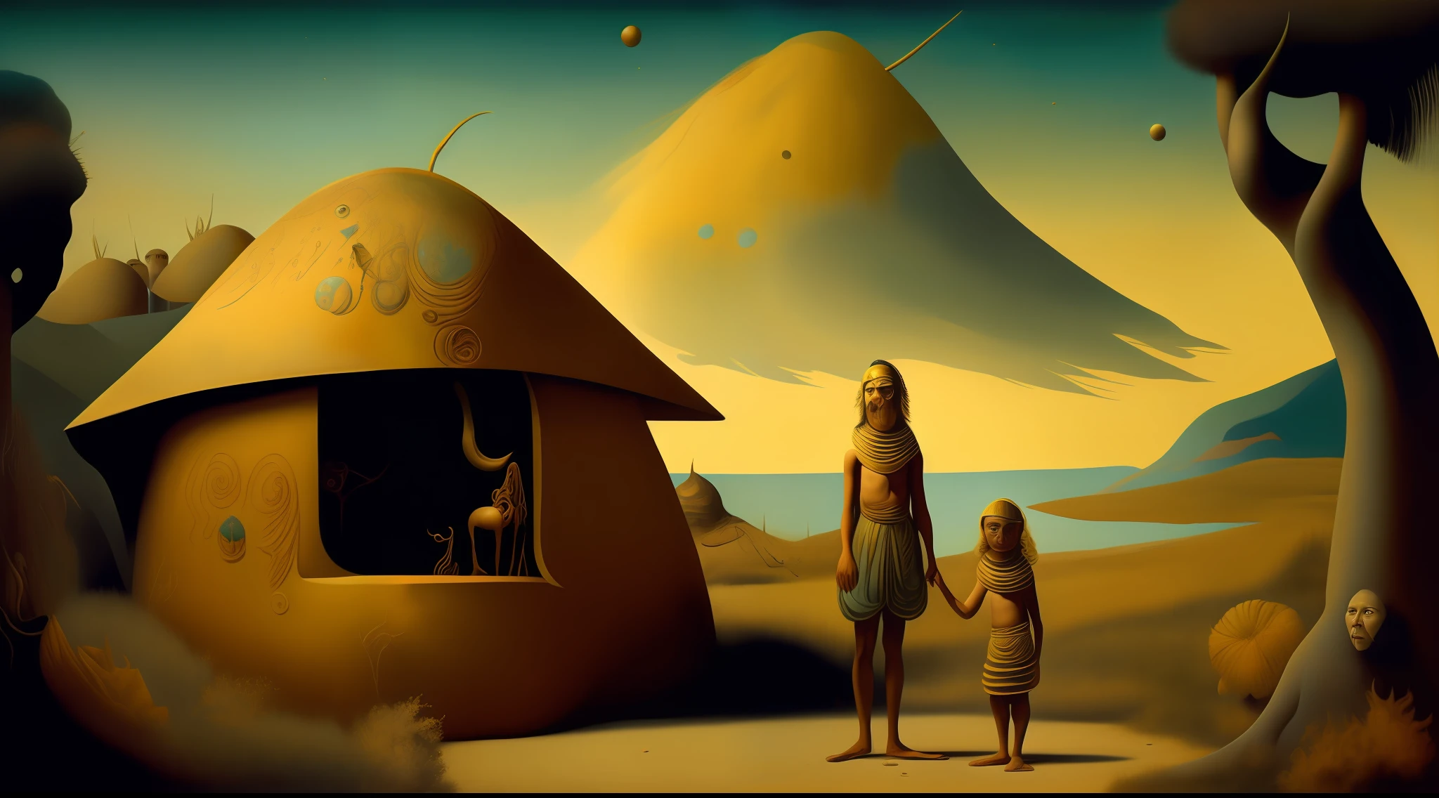 Painting of a man and a child standing in front of a hut, A matte painting by Dali , Gagnant du concours CGSOCIETY, Art fantastique, Landscape of fantastic art, Matte Fantasy Painting, Beautiful matte oil paint, Style picasso, 4k highly detailed digital art, Paysage fantastique impressionnant, Detailed matte fantasy painting, Art fantastique 4k, Peint par dali ,