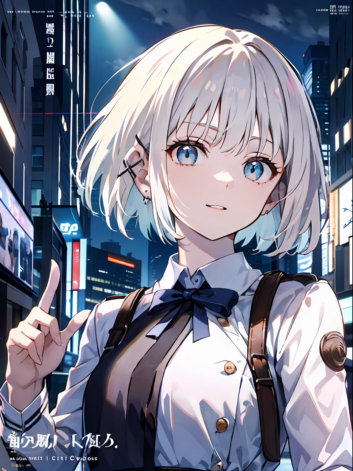 detectivesiesta, Smile, Short hair, Bangs, Blue eyes, Shirt, Hair Ornament, Long sleeves, Dress, Bow, White hair, hair clips, Blunt bangs, bowtie, Red bow, X Hair Ornament, red bowtie, siesta, (medium breasts⁩:1.2), BREAK looking at viewer, BREAK outside, BREAK (masutepiece:1.2), Best Quality, High resolution, Unity 8k壁纸, (Illustration:0.8), (Beautiful detailed eyes:1.6), extra detailed face, Perfect Lighting, extremely details CG, (Perfect hands, Perfect Anatomy),((((Dramatic)))、(((gritty)))、(((vehement)))Movie poster featuring a young woman as the main character。She stands confidently in the center of the poster.、Wear stylish and edgy outfits、I have a determined look on my face。The background is dark and rough、Makes you feel danger and strength。Text is bold and attention-grabbing、Has a catchy tagline that adds to the overall sense of drama and excitement。The color palette is predominantly bright、There are splashes of bright colors、It gives the poster a dynamic and visually striking look。 (magazine:1.3), (cover-style:1.3), Fashionable, femele, with a vibrant, outfits, the pose, the front, Colorful, Dynamic, Background with, element, I'm confident, expresive, ngel, statement, accessorized, An majestic, coiled, surroundings, Touch, The scene, Texto, covers, It's bold, captures the attention, Titles, Stylish, Font, Catchy, headline, The large, Impressive, moderno, Trendy, Focus, lo fashion,shorth hair、Bob Hair、White hair、bright light blue eyes