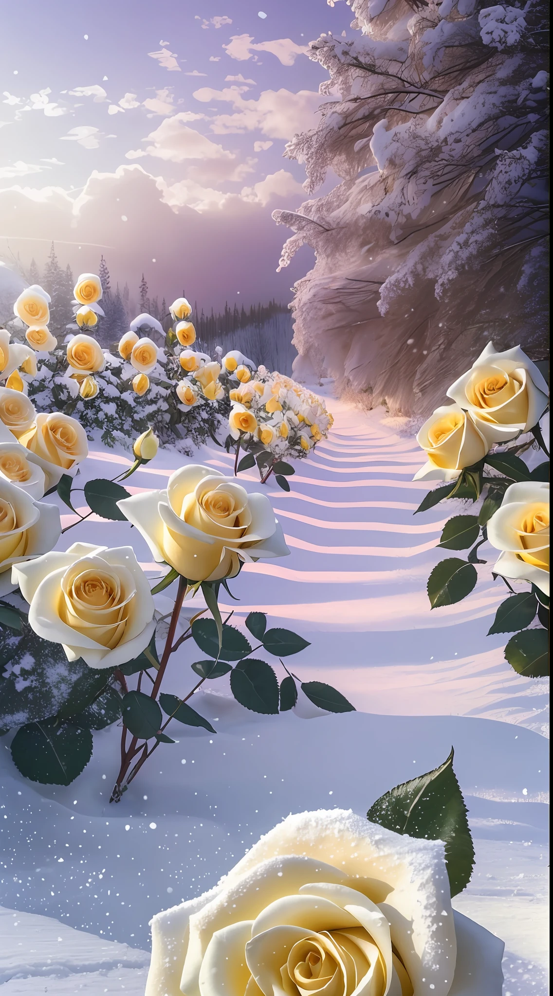 There are many roses in the snow in the fields, The petals of the leaves were sprinkled with dust and snowflakes, roses in cinematic light, Beautiful nature, Beautiful photography,White roses and yellow roses, Rose bushes, stunning cinematography, In the snow,4K photography,8K high quality detailed art