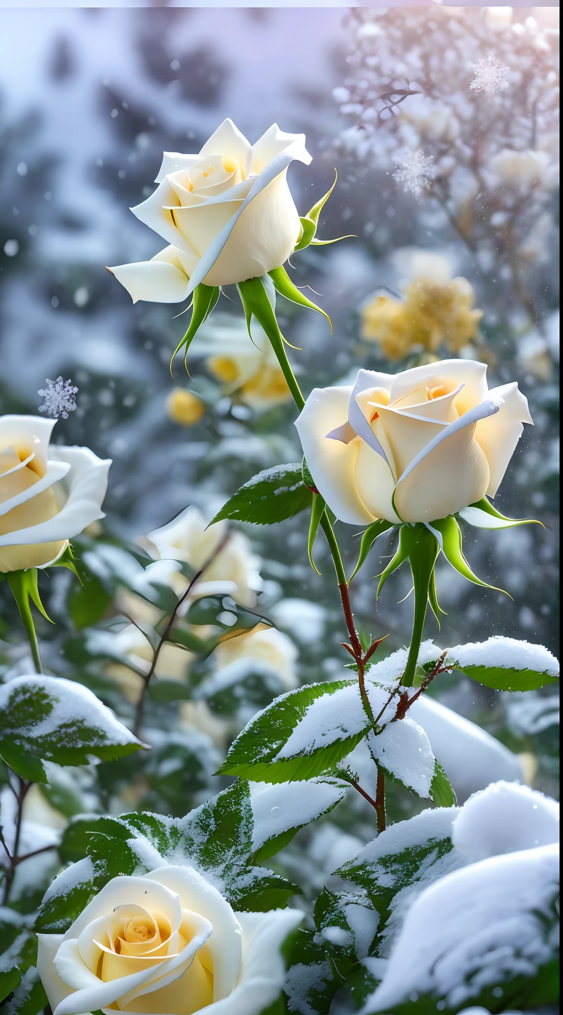 There are many roses in the snow in the fields, The petals of the leaves were sprinkled with dust and snowflakes, roses in cinematic light, Beautiful nature, Beautiful photography,White roses and yellow roses, Rose bushes, stunning cinematography, In the snow,4K photography,8K high quality detailed art