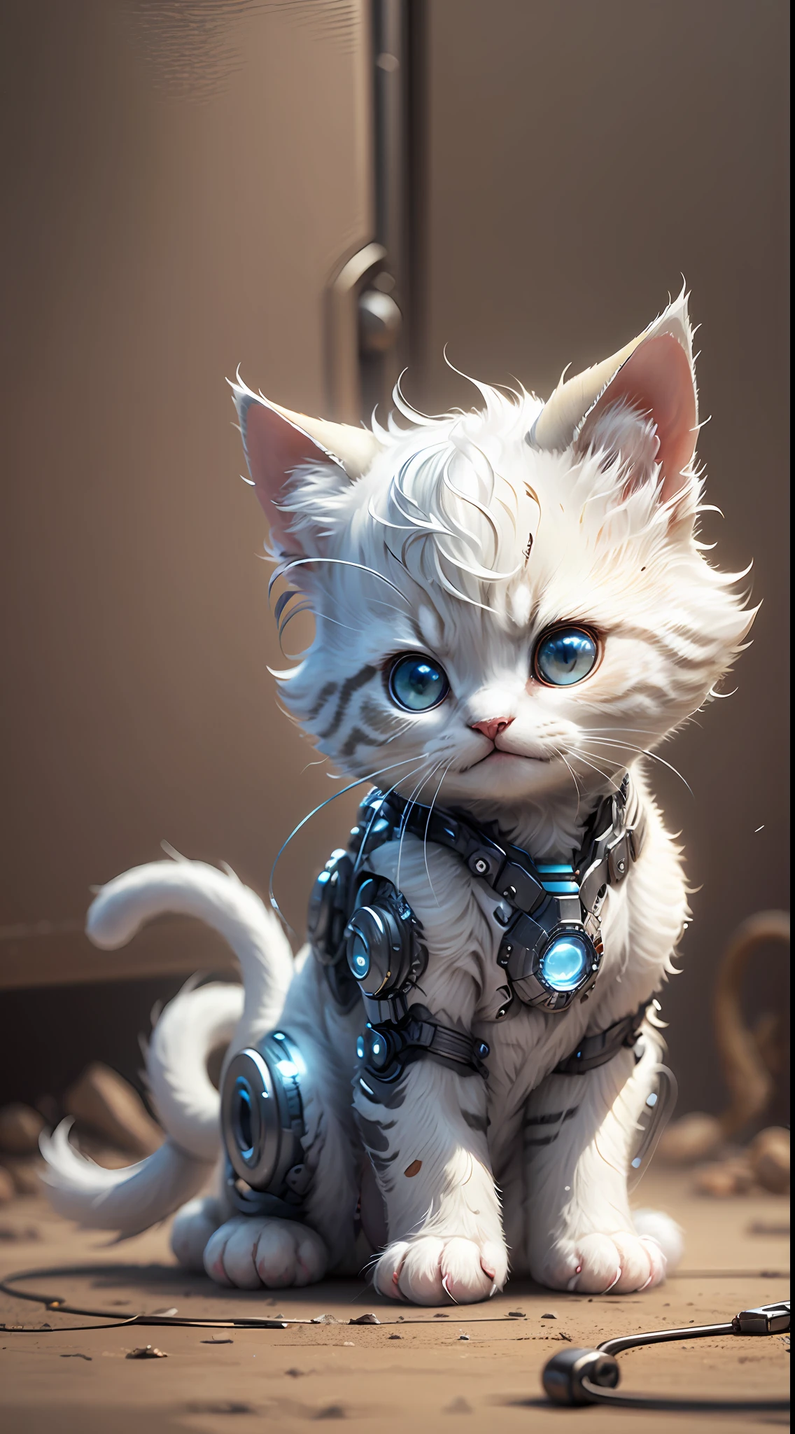 A cute metallic white fur kitten，(Cyborg:1.1)，([Tail|detailed wire]:1.3)，(complexdetails)，hdr，(complexdetails，ultra - detailed:1.2)，Cinema lenses，Halo shadow，at centre，White-haired kitten！！！，red colour，ssmile，Funny，crystal，brightly，shaggy，
