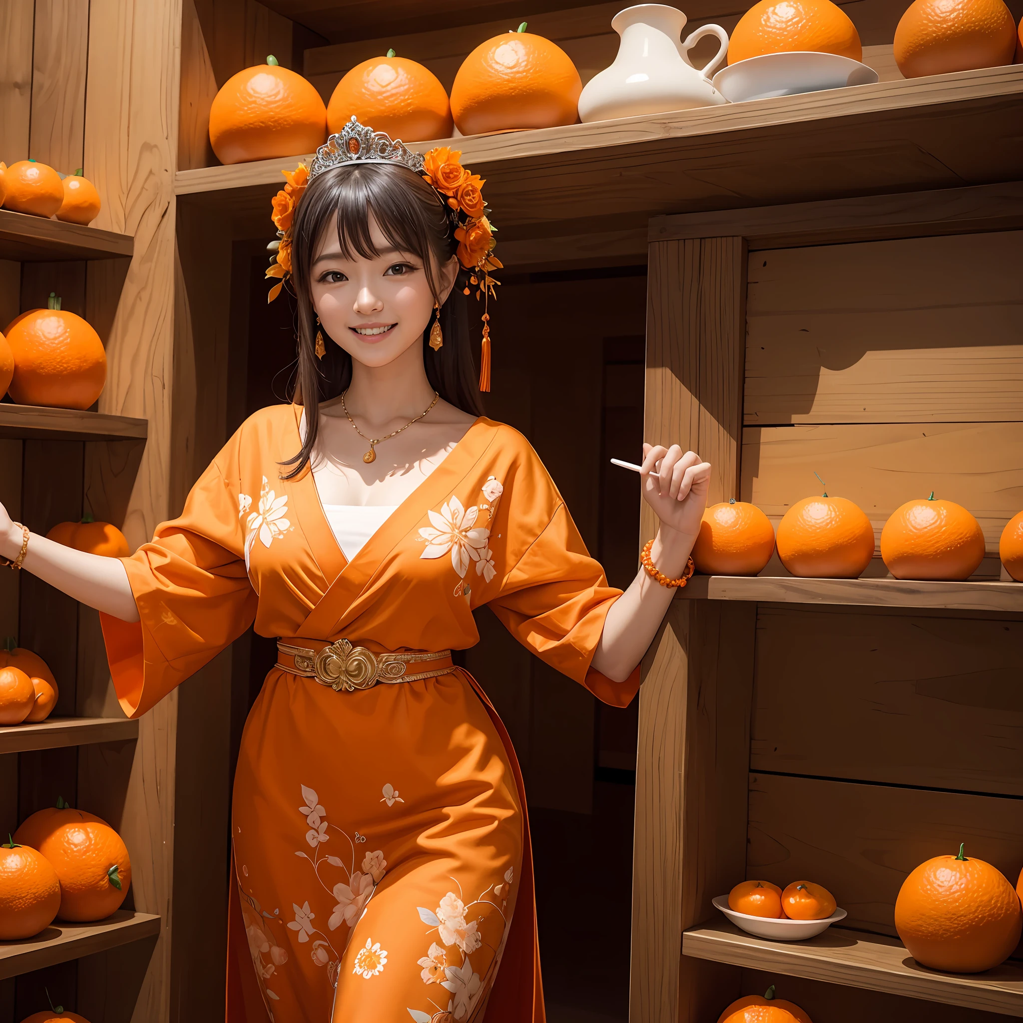 ​masterpiece、top-quality、realisitic、Photorealsitic、Orange-themed kingdom、Orange-themed castle、Princess in orange-themed dress、A Japanese Lady、Orange Accessories、Orange Jewelry、Surrounded by lots of oranges、Soldier in armor with orange motif、Bright décor、A smile、dynamic ungle、动态照明