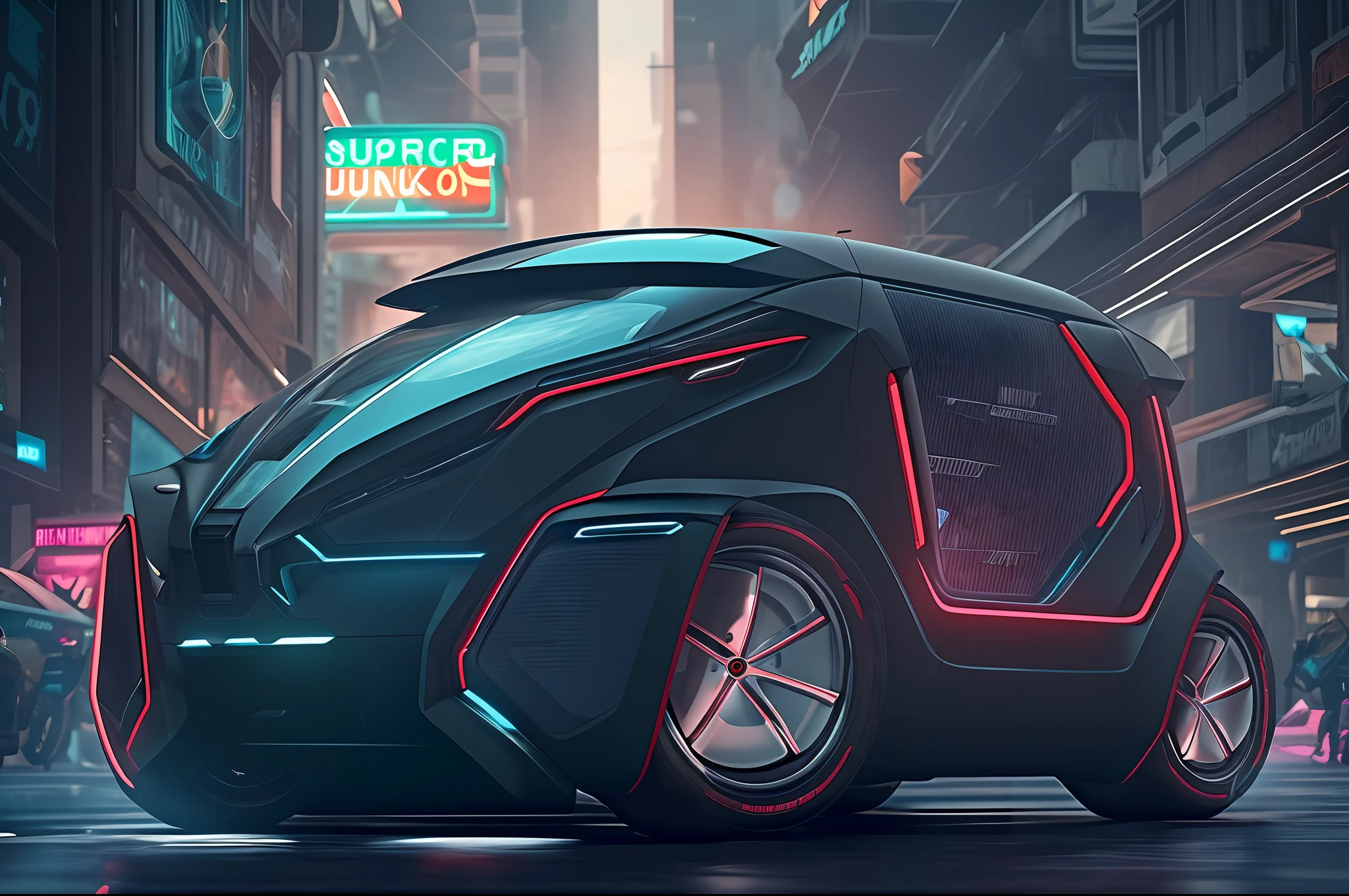 Cyberpunk-city,Super cool business light truck,Motion blurred,Epoch-making car design,concept automobile design,Electric vehicle elements,Ideas for the car of the future。