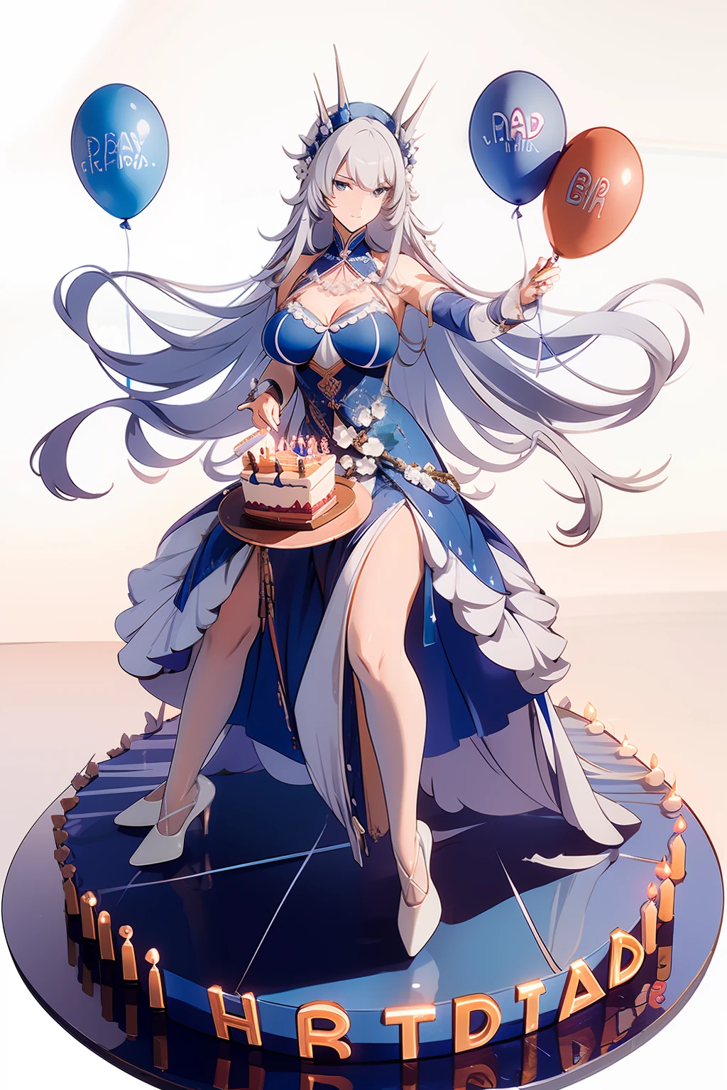 1female, white long hair, blue dress, Holding a birthday cake, birthday event, white background, having fun, full body