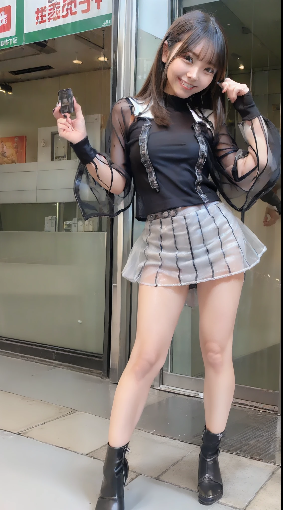 (Photorealsitic:2.1)、Onegirl、Full body like、(top-quality),(hyperdetailed face)、(Super well-formed face)、(fullllbody)、(Fighting atmosphere)、(Erotic body)、(tits out)、(Model body type)、(mecha exposure)、(akihabara)、(is looking at the camera)、(A dark-haired)、(9Head and body)、(a small face)、(Idol)、(a smile)、(Looks fun)、I'm showing my teeth、(Cyborg girl in a see-through blouse)、(sleeve less)、(a miniskirt)