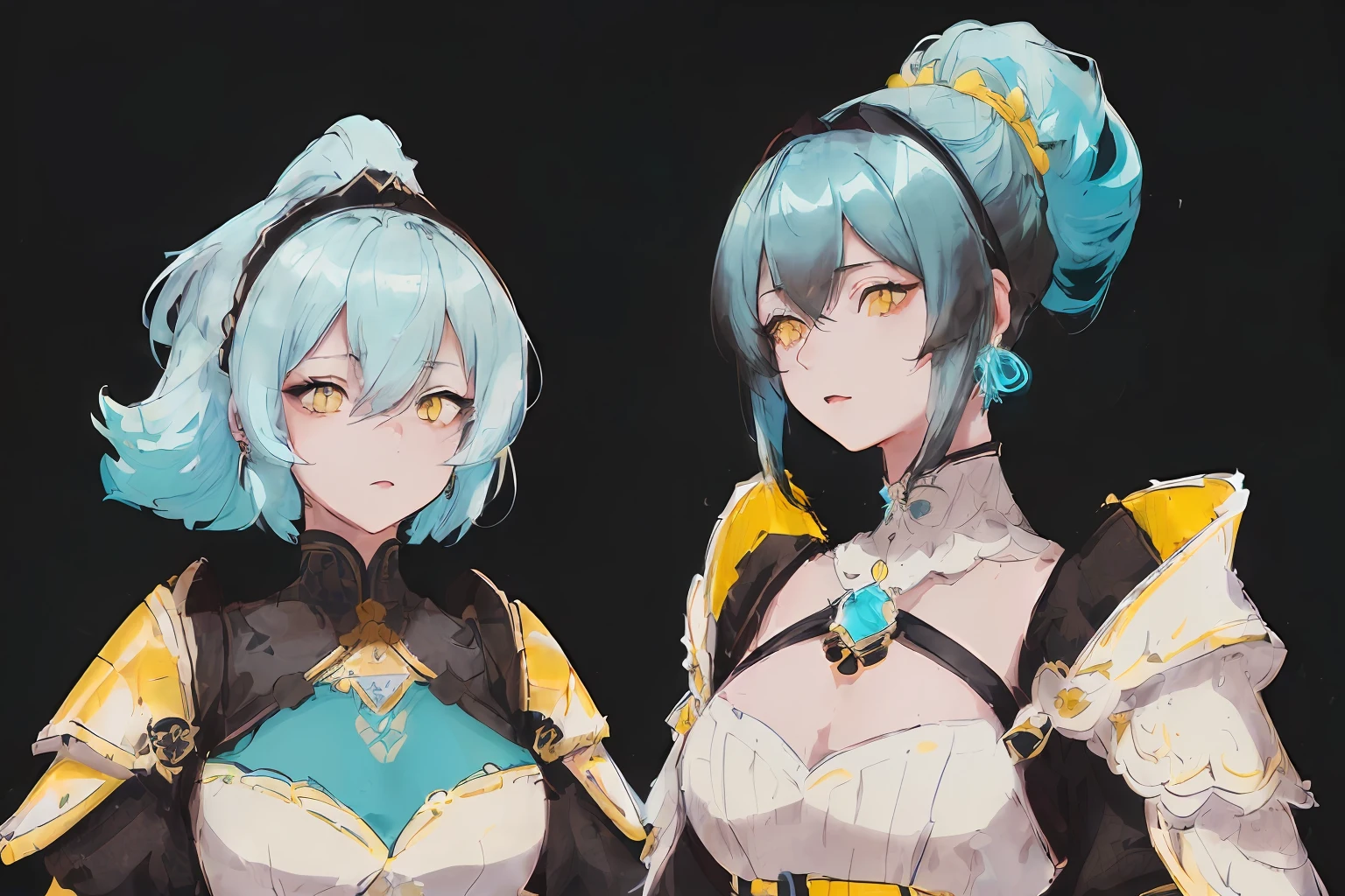 GenshinAvatar, (a woman with poofy short cyan hair and yellow eyes:1.4), highly_detailed, illustration, portrait, (((masterpiece))),(((bestquality))), (black_background:1.4), simple_background, highly intricate accessories, highly intricate clothes, white dress, gold trim, Lightblue hair, bright color, earrings, armor, shoulder armor, hairband, fear expression