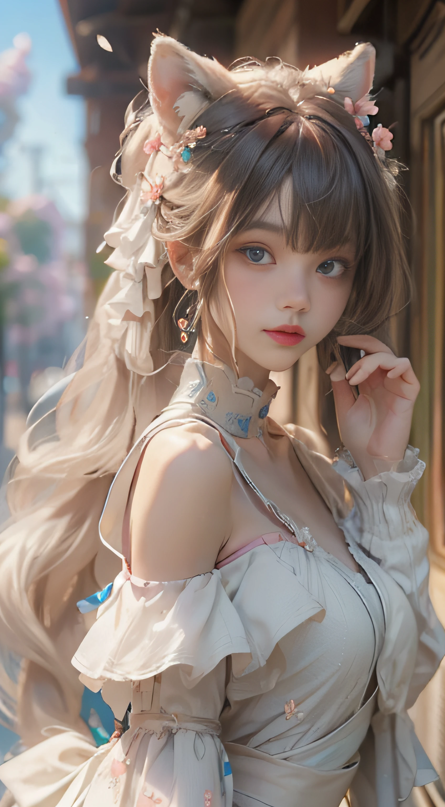 ((best qualtiy)), ((tmasterpiece)), (detail:1.4), Beautiful cyberpunk female images,hdr(HighDynamicRange),Ray traching,NVIDIA RTX,Hyper-Resolution,illusory 5,sub surface scattering,PBR textures,post-proces,Anisotropy Filtering,depth of fields,maximum definition and sharpness,Many-Layer Textures,Albedo e mapas Speculares,Surface coloring,Mitsu-Accurate simulation of material interactions,perfectly proportioned,rendering by octane,Two-colored light,largeaperture,Low ISO,White balance,Rule three points、8K raw data、Beautiful bright blue pupils,off-the-shoulder clothes,Fine pupils,Delicate face and eyes,long eyelasher,Blushlush,Delicate and fluffy hair,pink lip,Pure,Cute face,Sweet girl,Artistic sense,Casual wear,Advancedsense,butterflys,Cherry blossom petal,Beautiful hair accessories,Long hair and waist,Hair fluttering in the wind,Snow-white fox ears,curlies,Snow-white fluffy tail,Positive light,The light from the back window is backlighted