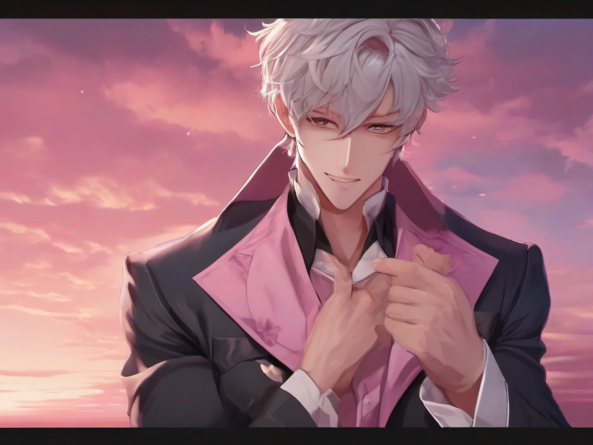 masterpiece, best quality, realistic, 1man, male focus, tall muscular, handsome, smile, closed mouth, suit, portrait, extremely detailed face, (pink sky)