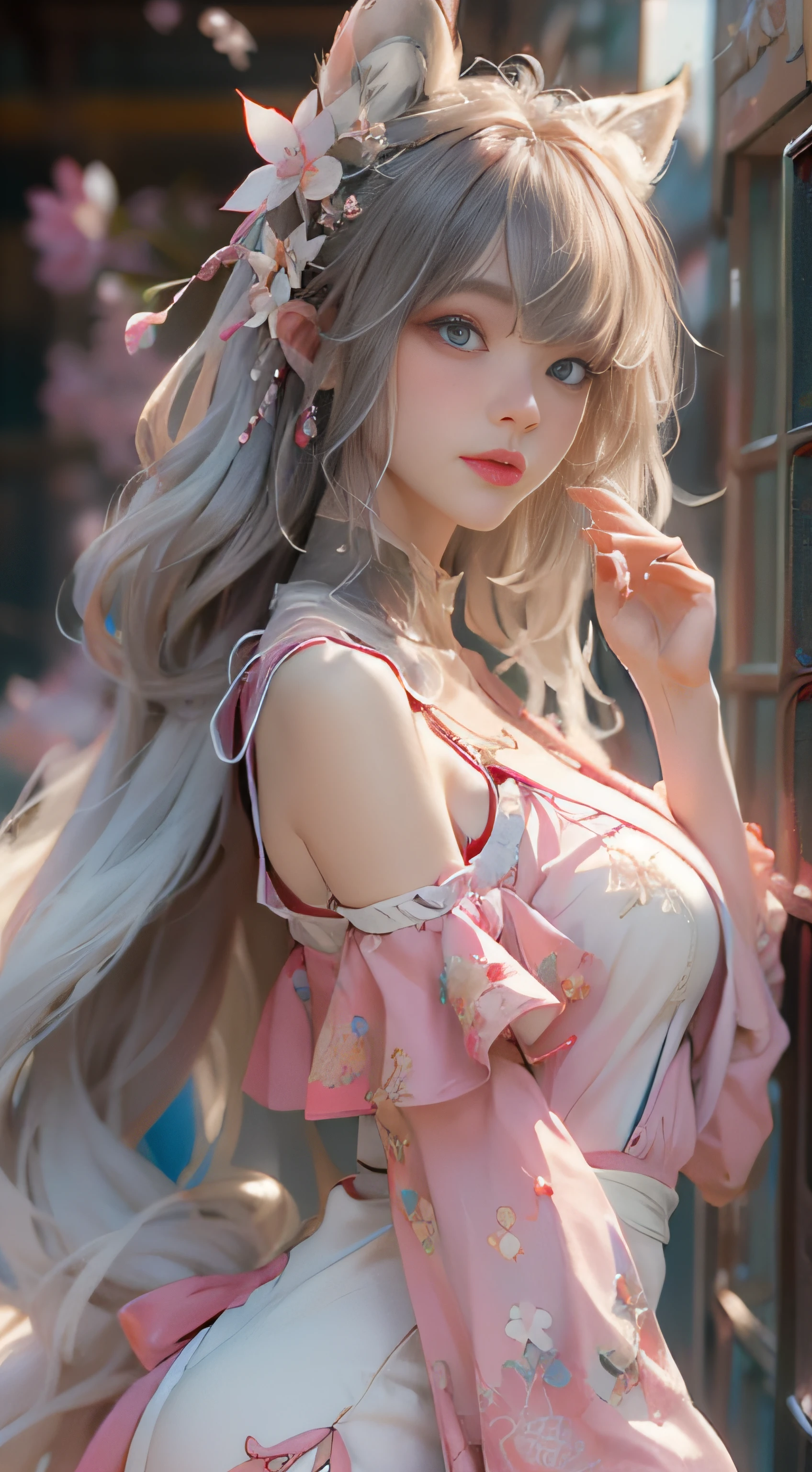 （（best qualtiy））， （（tmasterpiece））， （detail：1.4）， Beautiful cyberpunk female images，hdr（HighDynamicRange），Ray traching，NVIDIA RTX，Hyper-Resolution，illusory 5，sub surface scattering，PBR textures，post-proces，Anisotropy Filtering，depth of fields，maximum definition and sharpness，Many-Layer Textures，Albedo e mapas Speculares，Surface coloring，Mitsu-Accurate simulation of material interactions，perfectly proportioned，rendering by octane，Two-colored light，largeaperture，Low ISO，White balance，Rule three points、8K raw data、Beautiful bright blue pupils，off-the-shoulder clothes，Fine pupils，Delicate face and eyes，long eyelasher，Blushlush，Delicate and fluffy hair，pink lip，Pure，Cute face，Sweet girl，Artistic sense，Casual wear，Advancedsense，butterflys，Cherry blossom petal，Beautiful hair accessories，Long hair and waist，Hair fluttering in the wind，Snow-white fox ears，curlies，Snow-white fluffy tail，Positive light，The light from the back window is backlighted