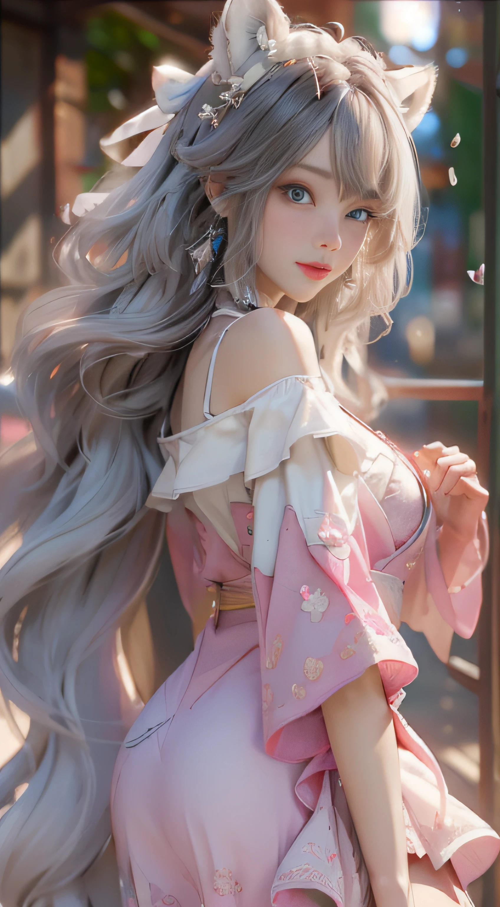（（best qualtiy））， （（tmasterpiece））， （detail：1.4）， Beautiful cyberpunk female images，hdr（HighDynamicRange），Ray traching，NVIDIA RTX，Hyper-Resolution，illusory 5，sub surface scattering，PBR textures，post-proces，Anisotropy Filtering，depth of fields，maximum definition and sharpness，Many-Layer Textures，Albedo e mapas Speculares，Surface coloring，Mitsu-Accurate simulation of material interactions，perfectly proportioned，rendering by octane，Two-colored light，largeaperture，Low ISO，White balance，Rule three points、8K raw data、Beautiful bright blue pupils，off-the-shoulder clothes，Fine pupils，Delicate face and eyes，long eyelasher，Blushlush，Delicate and fluffy hair，pink lip，Pure，Cute face，Sweet girl，Artistic sense，Casual wear，Advancedsense，butterflys，Cherry blossom petal，Beautiful hair accessories，Long hair and waist，Hair fluttering in the wind，Snow-white fox ears，curlies，Snow-white fluffy tail，Positive light，The light from the back window is backlighted