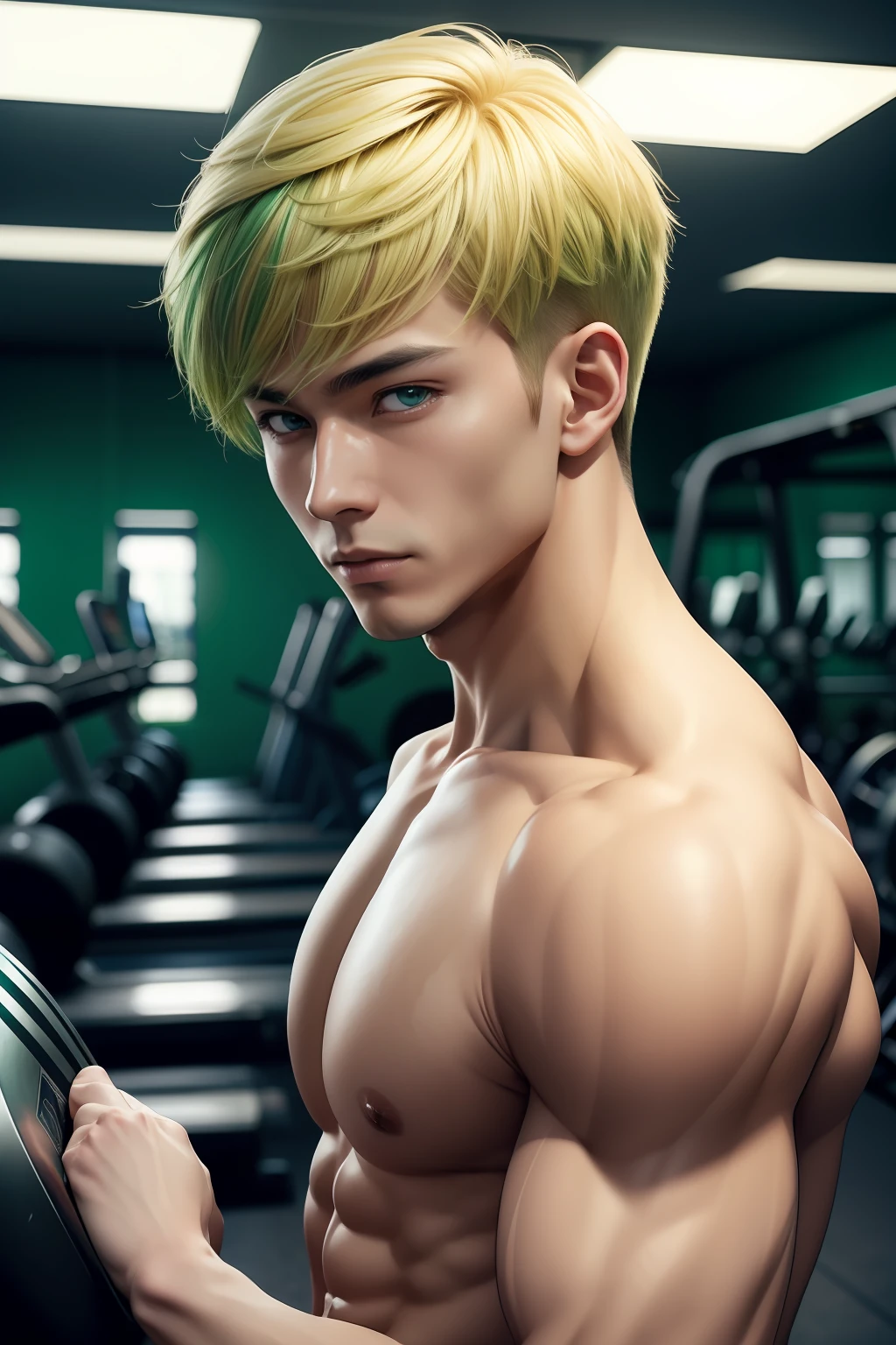 (masterpiece)8K分辨率、top-quality、Handsome young man sweating in gym、blonde pixie cut、green colored eyes、Model style、Outfits that fit the gym、elegent、anime styled