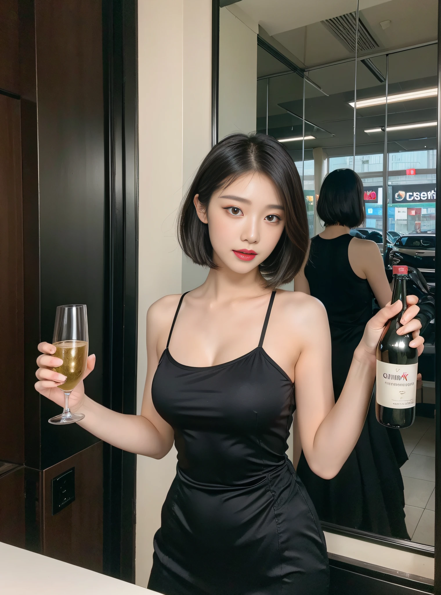 full body photo of a woman in black dress holding a glass of champaine with a city view, with a glass bottle, full body xianxia, jisoo from blackpink, jisoo of blackpink, photo of slim girl, 5 fingers hand, hand with 5 fingers, no hand on face, cruel korean goth girl, captured on canon eos r 6, holding a white champaine, one hand hold a glass bottle, she is wearing a black dress, gorgeous young korean woman, female death holding a cocktail, ulzzang, a young asian woman, split screen, 2 screens, cloned face, same face, same hairstyle, same person, twins, ((Best Quality, 8K, Masterpiece: 1.3)), Focus: 1.2, Sexy Beauty with Perfect Body: 1.4, Buttocks: 1.3, ((Layered Haircut, Beautiful Breasts: 1.2)), (Wet Clothes: 1.3), (Wild Exposure: 1.3), (Transparent Sexy Underwear: 1.1), Highly Detailed Face and Skin Texture, Delicate Eyes, Double Eyelids, Oily Skin, Long Hair, (Shut Up: 1.3), (Pores: 1.2), (Protruding Crotch :1.2)，(milf:1.2)，(sexy:1.3)，( star:1.2)