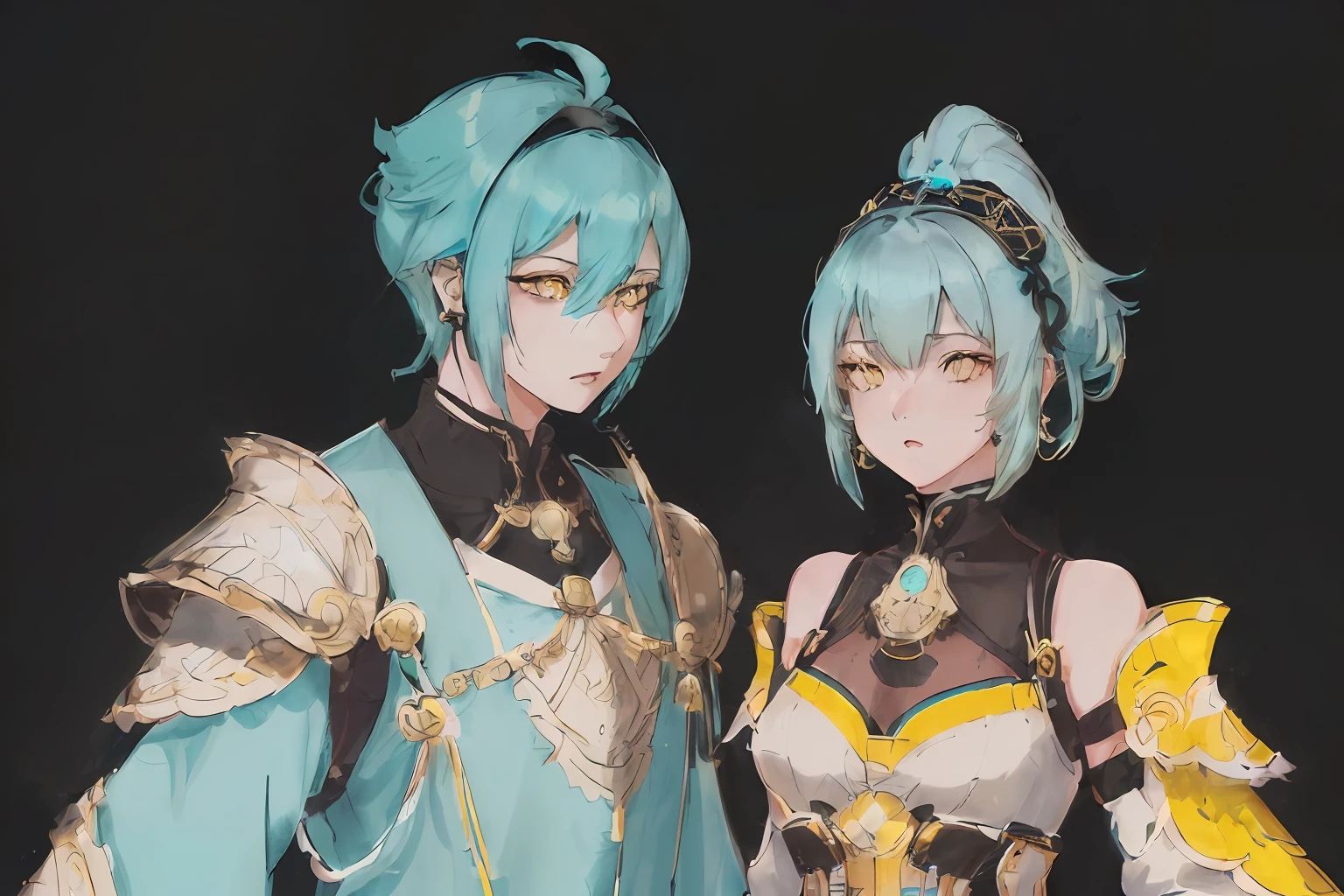 GenshinAvatar, (a woman with poofy short cyan hair and yellow eyes:1.4), highly_detailed, illustration, portrait, (((masterpiece))),(((bestquality))), (black_background:1.4), simple_background, highly intricate accessories, highly intricate clothes, white dress, gold trim, Lightblue hair, bright color, earrings, armor, shoulder armor, hairband, fear expression