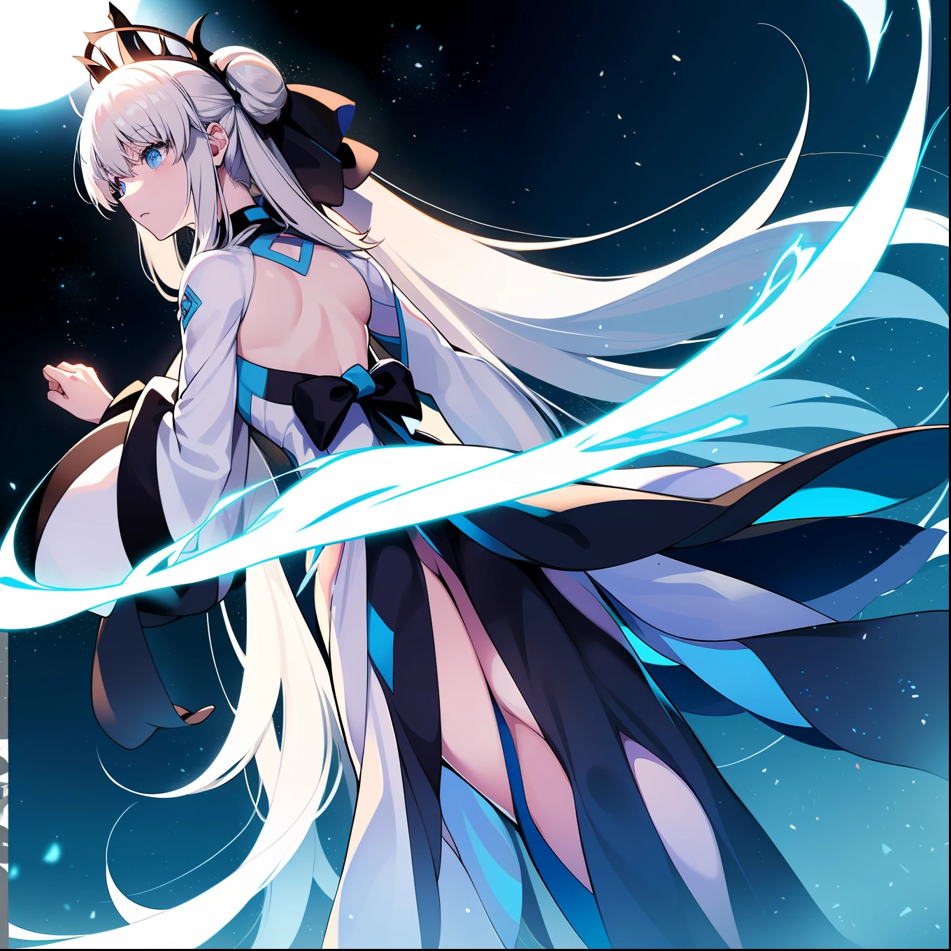 Under the starry sky，The ground under the feet of a white-haired girl was glowing，Electric fire appeared on his body