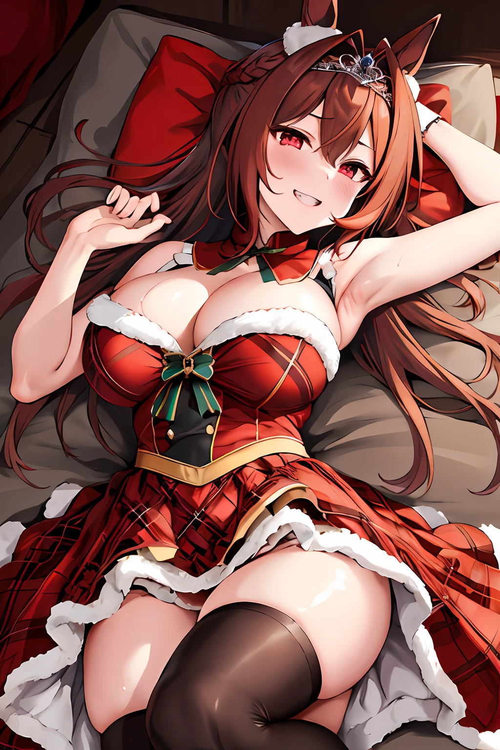 4K,​masterpiece, top-quality, Hi-Res, 1girl, Marl, 独奏, Daiwa scarlet\(umamusume\), Daiwa Scarlet，A tremendous amount of sweat，Sweaty，brown haired, Red gloves, tiarra, {{{Tiara on the head}}}, RED dress, Very long hair, black thighhighs, Tsukunoshi, sleeveless, red eyes, cleavage of the breast, Plaid dresses, bangss, Dresses trimmed with fur, large full breasts, sleeveless dresses, bare shoulders​, hair between eye, large full breasts,Green ribbon at chest, frilld, Face holding back,plein air， natta, Mare，sand beach，{{{nigh sky}}}，starrysky，Smiled、brown haired, White double teeth,beautiful countenance, brown haired, Sharp fangs,bangss，Grown-up，embarassed face，A detailed eye，Beautiful eyes，Shyness，red blush，{{{Red hair}}},hair between eye, laying on back，pretty skin, Lift your chest with your hands，Dark lipstick，{{{lipsticks}}}，laying on back，lie down