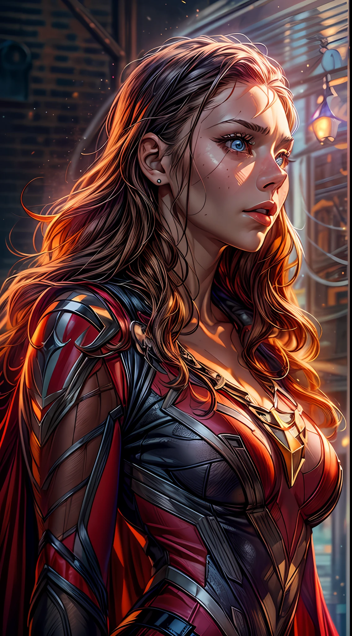 (RAW Photo, Best Quality), (Realistic, Photorealistic Photo: 1.3), Best Quality, Highly Detailed, Masterpiece, Ultra Detailed, Illustration, Marvel cinematic universe, Marvel, Elizabeth Olsen, Scarlet Witch + Vision unique combination, scarlet witch in a vision costume, shining epic eyes, background should be epic with little of flames, upper body, high detail on dress, Best Quality, Extremely Detailed CG Unified 8k Wallpaper, Ink, Amazing, badass look, portrait, close up (skin texture), intricately detailed, fine details, hyperdetailed.
