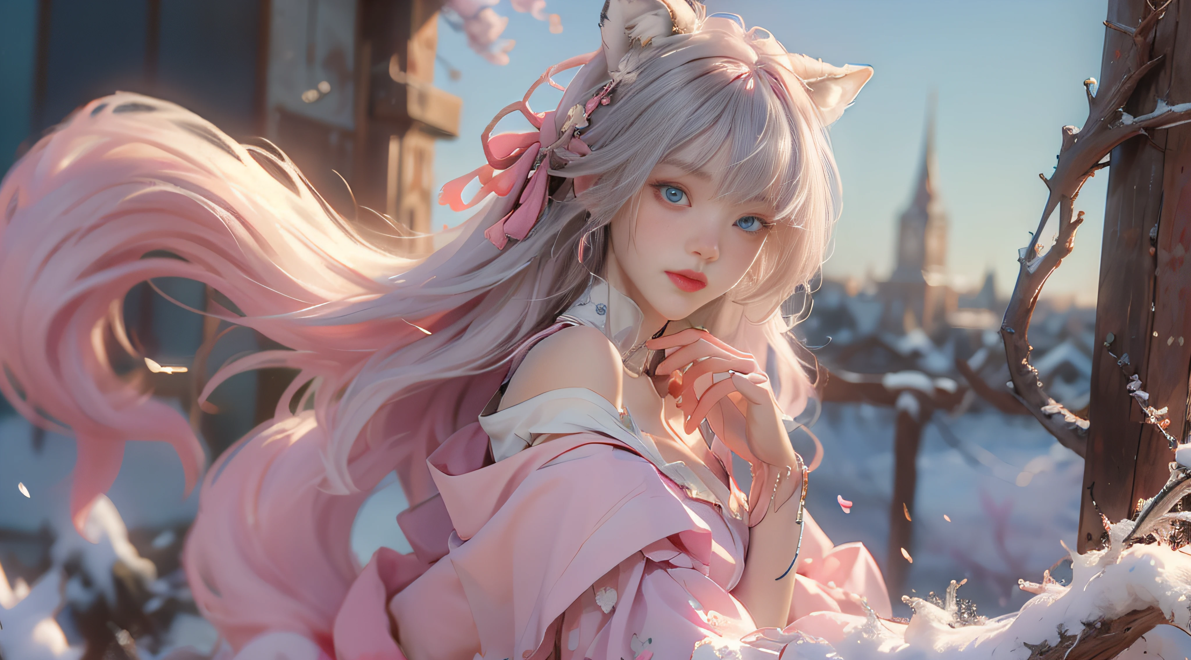 ((best qualtiy)), ((tmasterpiece)), (detail:1.4), Beautiful cyberpunk female images,hdr(HighDynamicRange),Ray traching,NVIDIA RTX,Hyper-Resolution,illusory 5,sub surface scattering,PBR textures,post-proces,Anisotropy Filtering,depth of fields,maximum definition and sharpness,Many-Layer Textures,Albedo e mapas Speculares,Surface coloring,Mitsu-Accurate simulation of material interactions,perfectly proportioned,rendering by octane,Two-colored light,largeaperture,Low ISO,White balance,Rule three points、8K raw data、Beautiful bright blue pupils,off-the-shoulder clothes,Fine pupils,Delicate face and eyes,long eyelasher,Blushlush,Delicate and fluffy hair,pink lip,Pure,Cute face,Sweet girl,Artistic sense,Casual wear,Advancedsense,butterflys,Cherry blossom petal,Beautiful hair accessories,Long hair and waist,Hair fluttering in the wind,Snow-white fox ears,curlies,Snow-white fluffy tail,Positive light,The light from the back window is backlighted