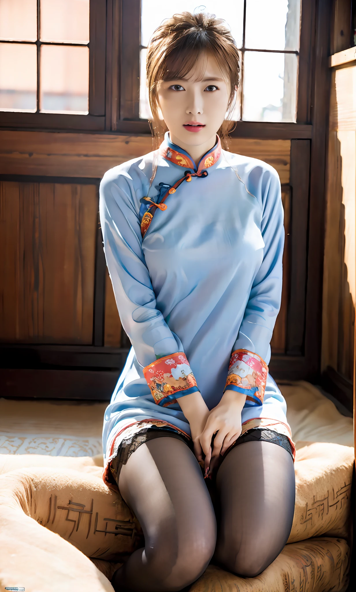 ulzzang-6500-v1.1, (raw photo:1.2), (photorealistic:1.4), beautiful detailed girl, very detailed eyes and face, beautiful detailed eyes, ridiculous, incredibly ridiculous, huge file size, super detailed, high resolution, very detailed, best quality, masterpiece, ((cheongsam)), illustration, very detailed, CG, unified, 8k wallpaper, amazing, fine detail, masterpiece, best quality, Very detailed CG unified 8k wallpaper, face light, movie lighting, 1girl, , ((no panties)), ((dynamic pose))), (camel toe), (half), (pantyhose), (bent knees and legs sitting))