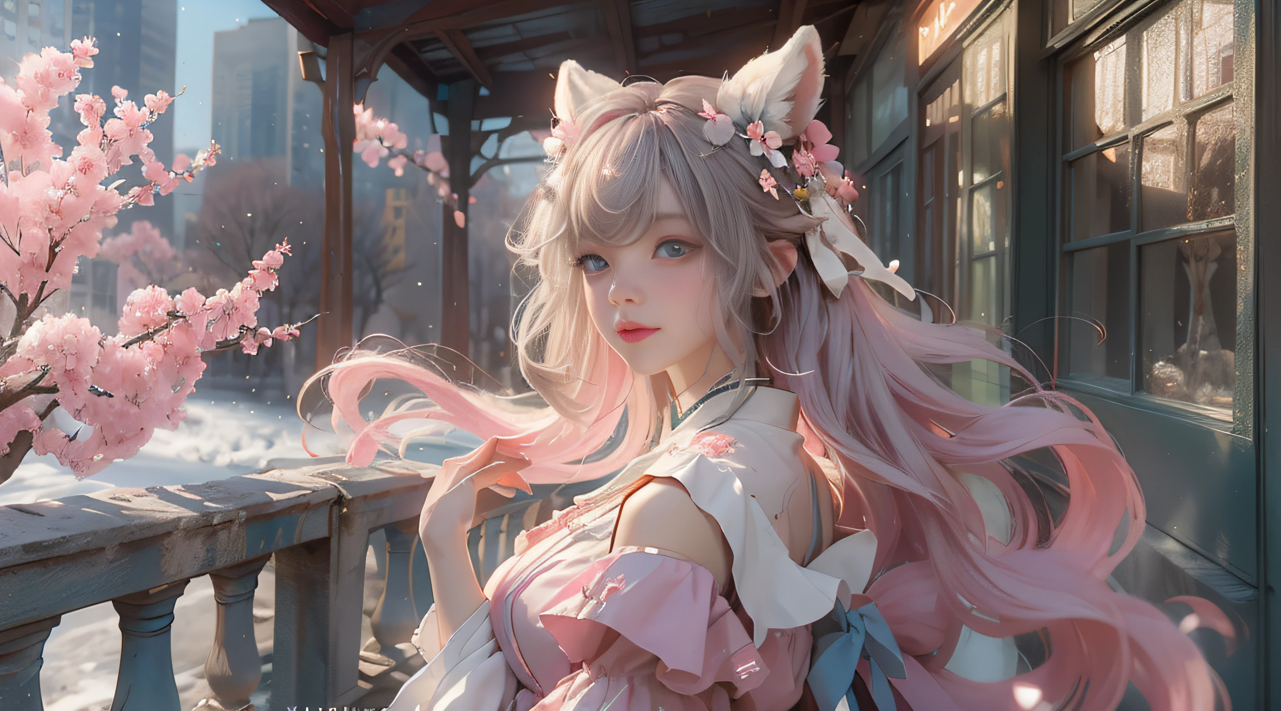 （（best qualtiy））， （（tmasterpiece））， （detail：1.4）， Beautiful cyberpunk female images，hdr（HighDynamicRange），Ray traching，NVIDIA RTX，Hyper-Resolution，illusory 5，sub surface scattering，PBR textures，post-proces，Anisotropy Filtering，depth of fields，maximum definition and sharpness，Many-Layer Textures，Albedo e mapas Speculares，Surface coloring，Mitsu-Accurate simulation of material interactions，perfectly proportioned，rendering by octane，Two-colored light，largeaperture，Low ISO，White balance，Rule three points、8K raw data、Beautiful bright blue pupils，off-the-shoulder clothes，Fine pupils，Delicate face and eyes，long eyelasher，Blushlush，Delicate and fluffy hair，pink lip，Pure，Cute face，Sweet girl，Artistic sense，Casual wear，Advancedsense，butterflys，Cherry blossom petal，Beautiful hair accessories，Long hair and waist，Hair fluttering in the wind，Snow-white fox ears，curlies，Snow-white fluffy tail，Positive light，The light from the back window is backlighted