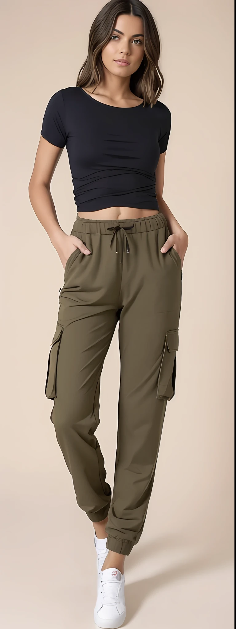 A beautiful woman in a black top and brown pants posing for a photo, brown pants, low-waisted sweatpants, baggy pants, Pants, cargo pants, com dois bolsos frontais, Khakis, so shorts, Olive green pants, with his hands in his pockets, wearing pants, Hands in pockets, Comfortable, toupeira, large pants, tiro do meio cintura para cima, roupas marrons, Directed by: Lee Jeffreis