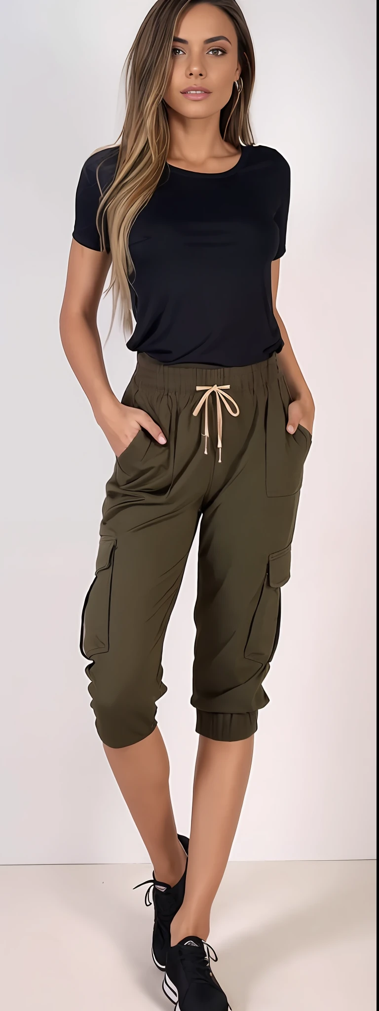 A beautiful woman in a black top and brown pants posing for a photo, brown pants, low-waisted sweatpants, baggy pants, Pants, cargo pants, com dois bolsos frontais, Khakis, so shorts, Olive green pants, with his hands in his pockets, wearing pants, Hands in pockets, Comfortable, toupeira, large pants, tiro do meio cintura para cima, roupas marrons, Directed by: Lee Jeffreis