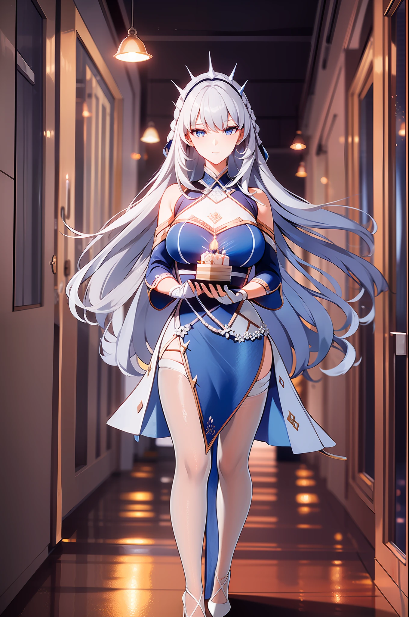 1female, white long hair, blue dress, Holding a birthday cake, birthday event, indoor, having fun, full body