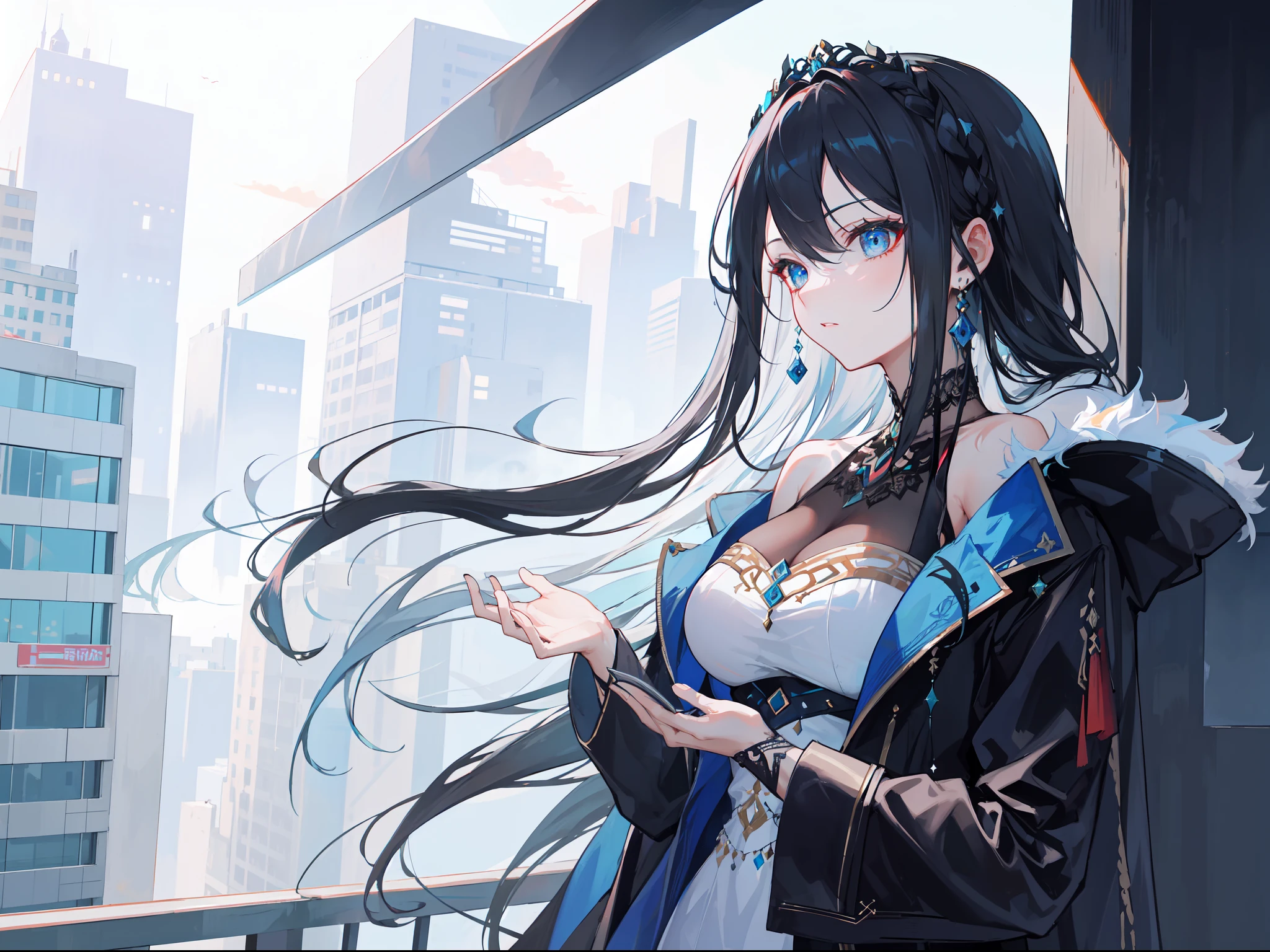 "Epic nightsky of a futuristic city filled with symphonies and music; a stunning 4k artwork showcases a mature female with black hair adorned with intricate decorations. Her captivating blue eyes reveal her identity as the goddess of symphony, yet she exudes an air of laziness in her demeanor."