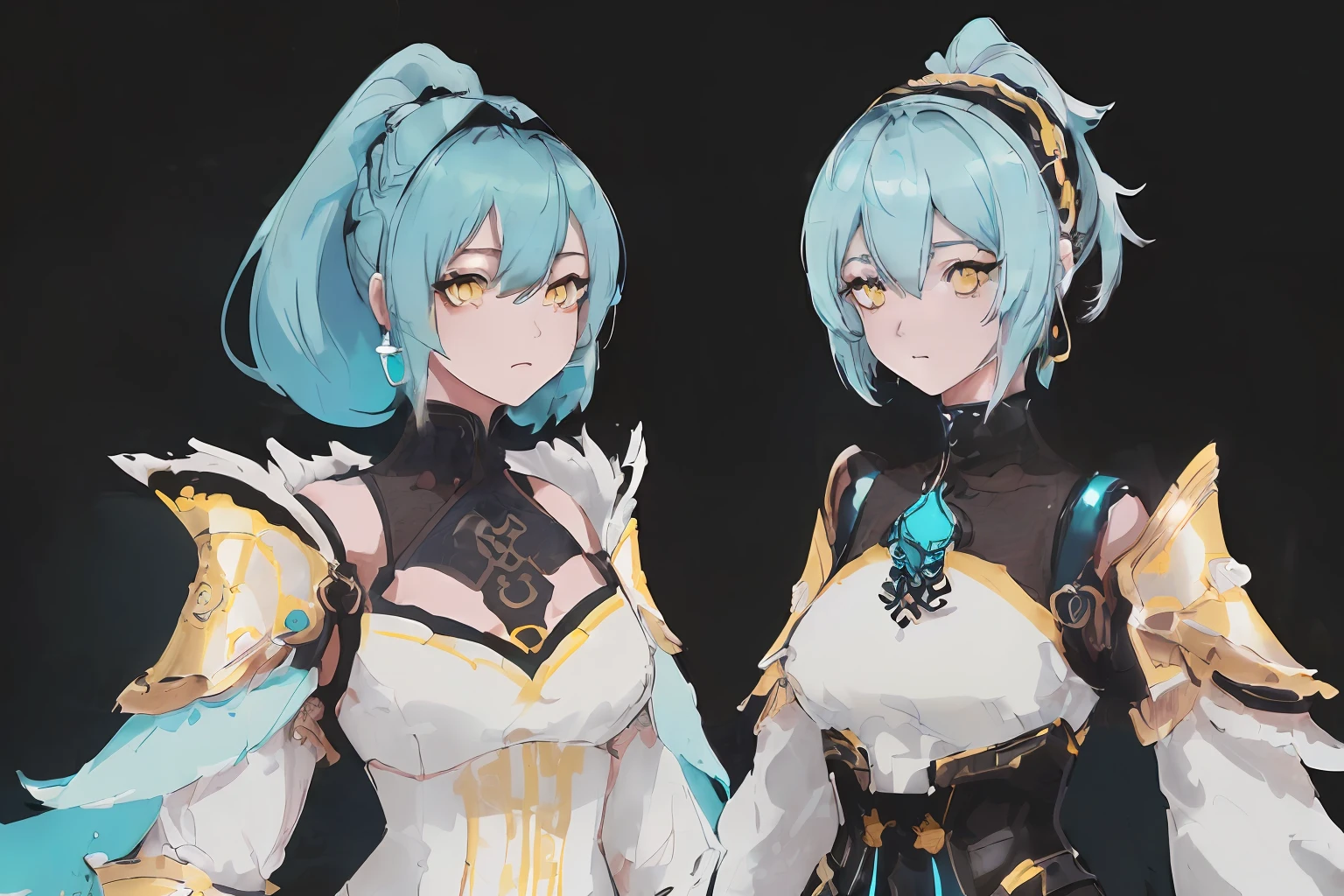 GenshinAvatar, (full body), (a woman with poofy short cyan hair and yellow eyes:1.4), highly_detailed, illustration, portrait, (((masterpiece))),(((bestquality))), (black_background:1.4), simple_background, highly intricate accessories, highly intricate clothes, white dress, gold trim, Lightblue hair, bright color, earrings, armor, shoulder armor, hairband, fear expression