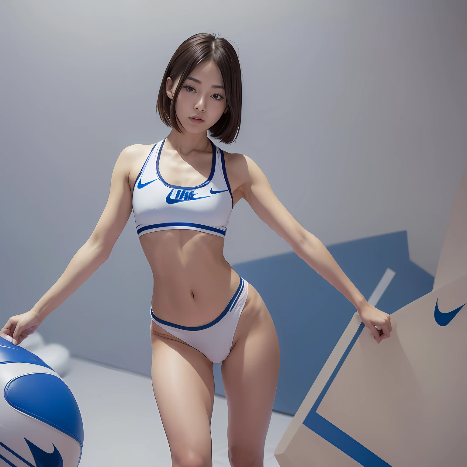 (Solo), (a detailed full-body RAW photo of a girl), (masutepiece:1.0), (Best Quality:1.4), (超A high resolution:1.2), (Photorealistic:1.4), 8K resolution, Canon EOS R5, 50 millimeters, absurderes, ultra-detailliert, (25-years old), crotch focus, Cinematic lighting, Detailed beautiful face, (no-makeup:1.2), (ulzzang -6500-v1.1), petite figure, Detailed skin texture, (flat chest:1.4), (skinny and fit body:1.6), Detailed brown hair,  sweltering,(Very short hair:1.5), See Through wear, (blue&White Nike Mat Thin Competition Athletic Wear:1.5), More transparent, low rise, realistic glistening skin, Detailed texture, (No bra:1.5), stylish pose, (:0.2), Very small, Cameltoe, well-developed abs, (satomi ishihara:1.15)